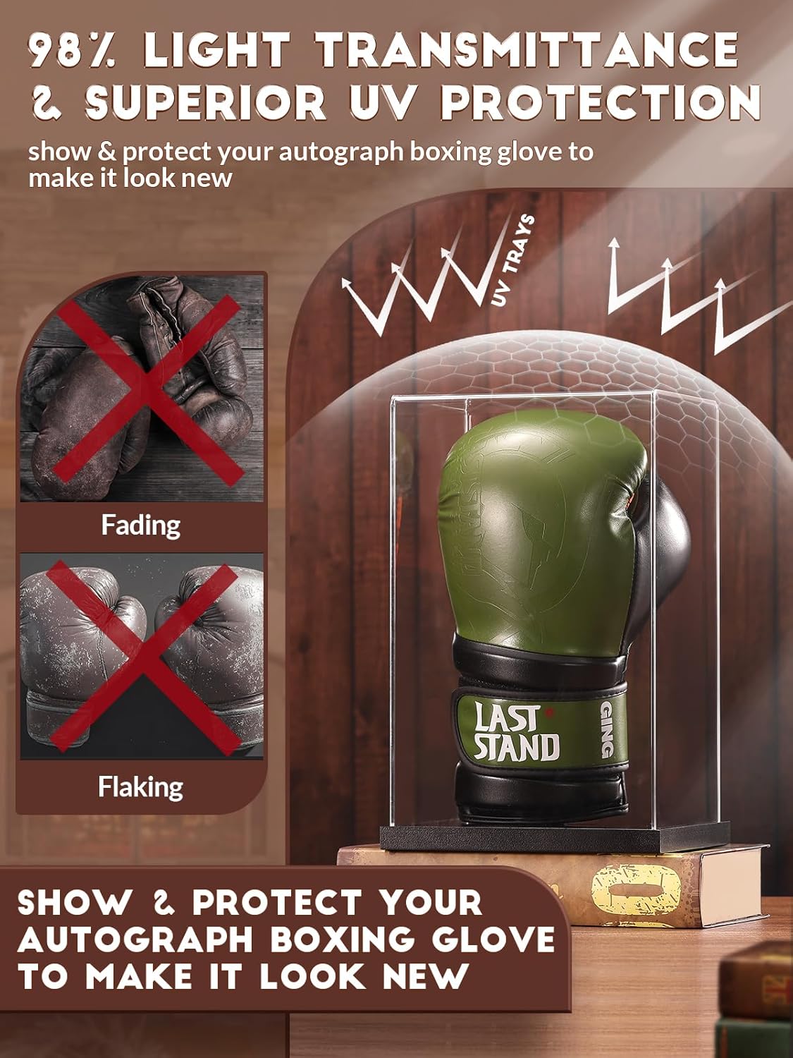 JupDec Boxing Glove Display Case, Clear Acrylic Showcase with Wood Base & Plank for Single Glove, Full Size UV Protection Souvenirs and Collectibles Box, Ideal Gift for Boxing Fans, Black
