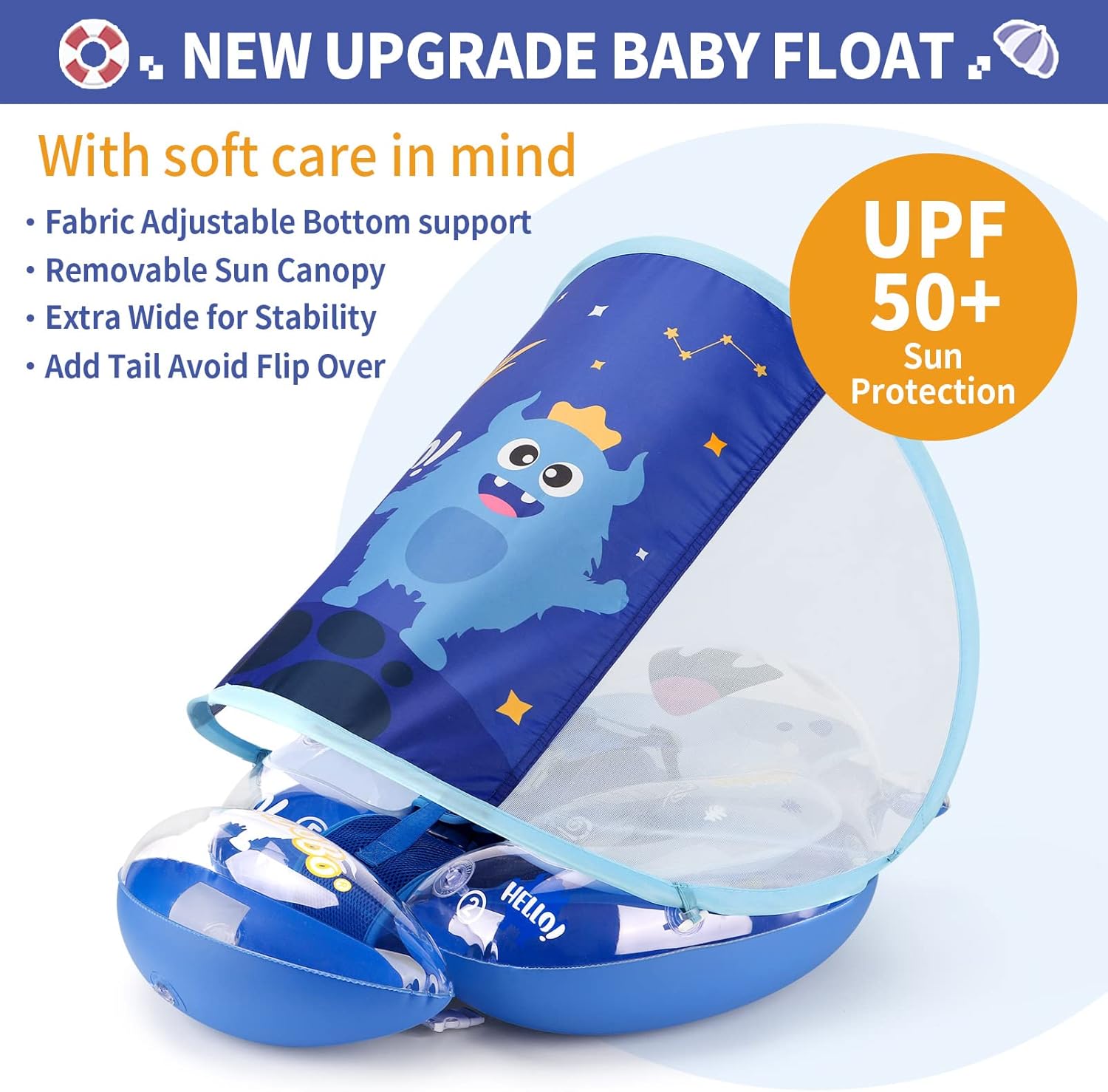 Swimbobo Infant Pool Float with Sun Canopy Inflatable Baby Swimming Floatie with Sponge Safety Bottom Support Water Toys Swim Trainer(Blue Monster,Large)