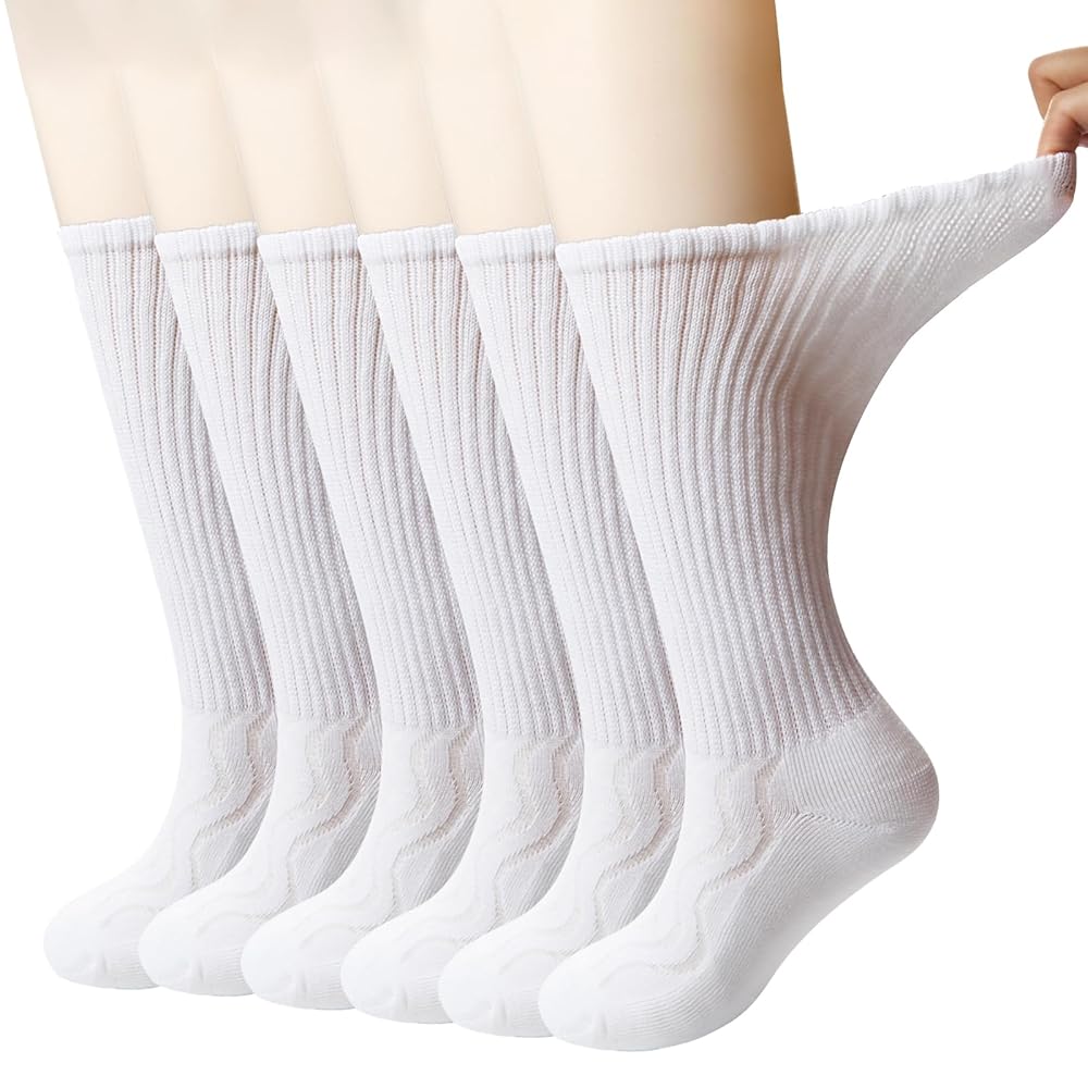 +MD 6 Pairs Non-Binding Men\'s Cushioned Moisture Wicking Diabetic Crew Dress Socks 10-13 White