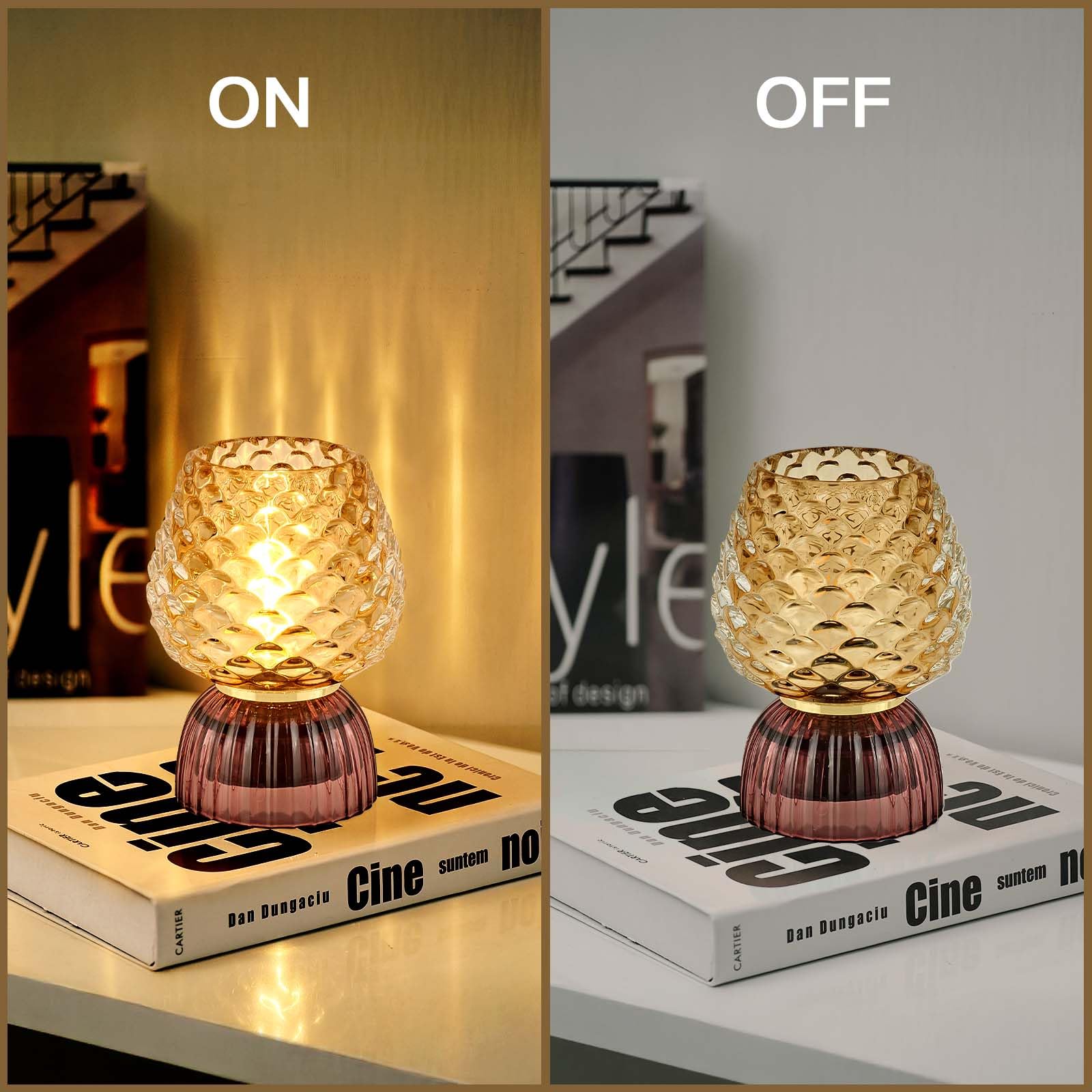 Lámpara a pilas con temporizador, bonita lámpara de mesa de cristal inalámbrica pequeña para decoración del hogar, cocina, baño, regalo de cumpleaños para mujeres, piña, ámbar 8