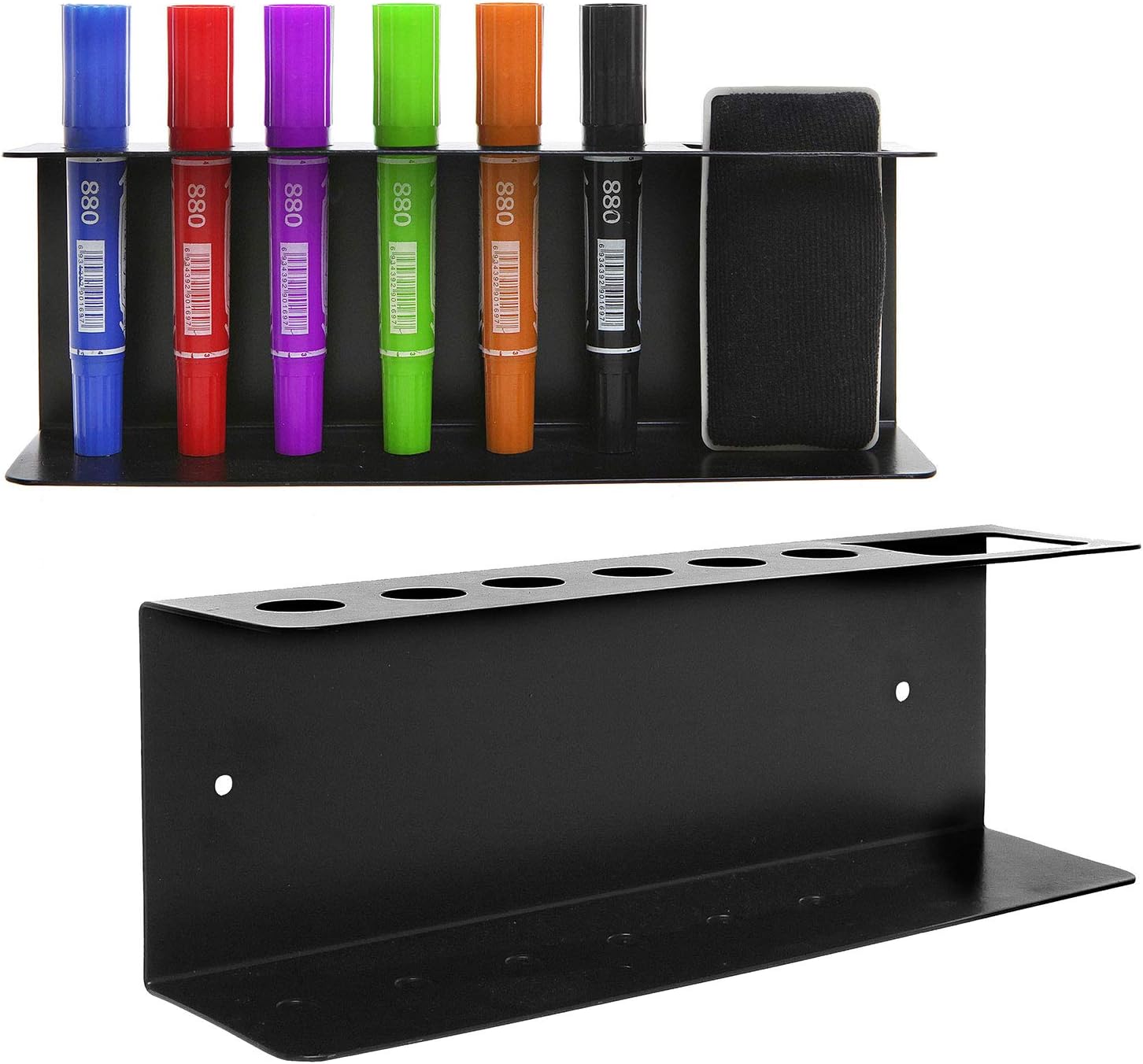 MyGift Wall Mounted Black Metal Dry Erase Marker Holder with 7 Slots for Whiteboard Markers and Eraser, Set of 2