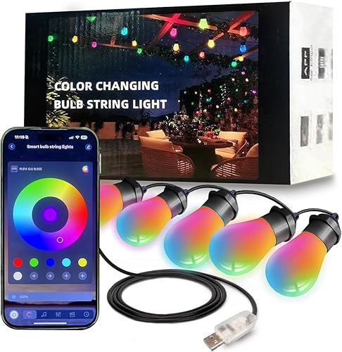 Honche Guirnalda de luces inteligentes para exteriores, luces de 36 pies para exteriores con 15 bombillas LED RGB regulables, cambio de color, 213