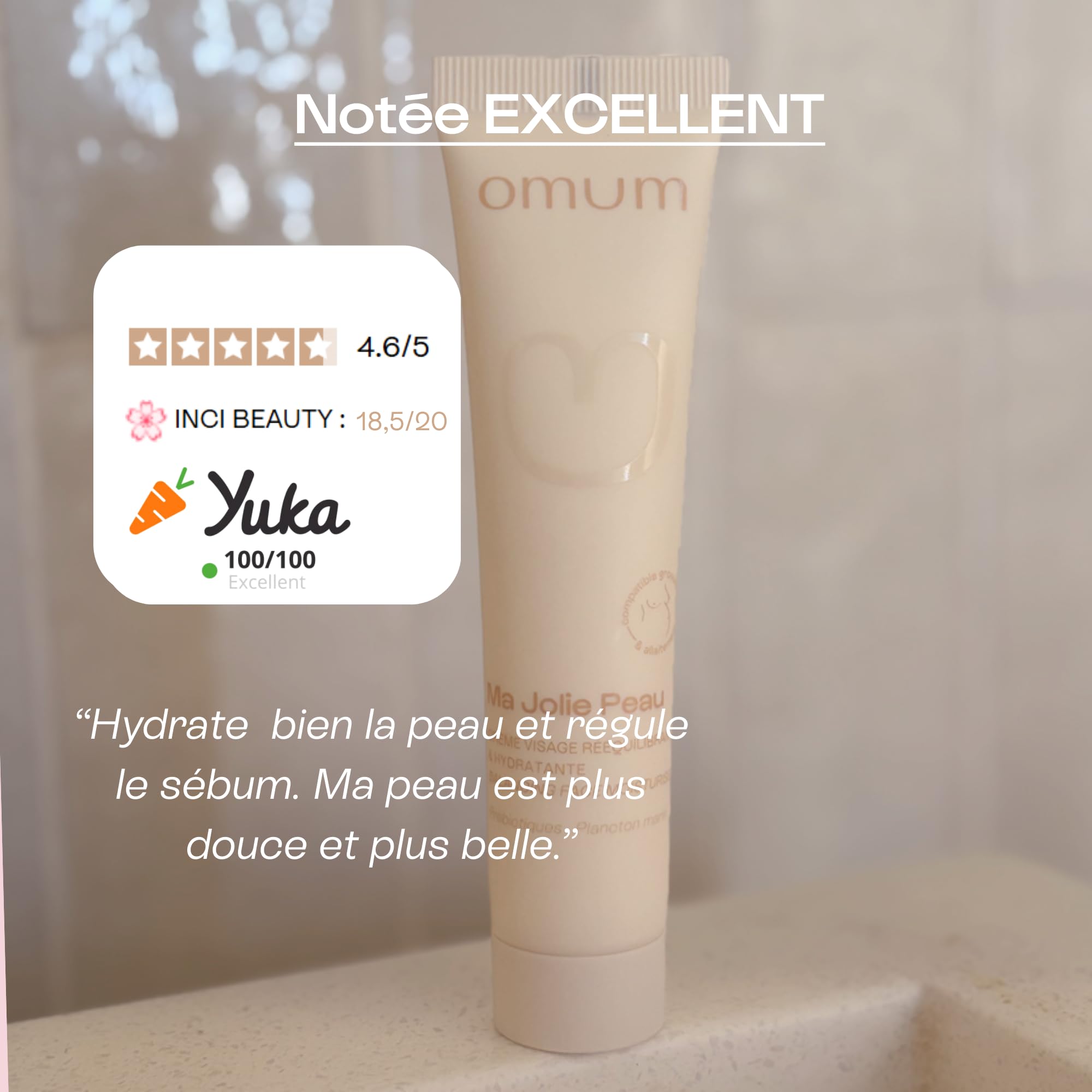 OMUM - Ma Jolie Peau - Crème visage rééquilibrante & hydratante aux prébiotiques naturels - Peaux mixtes et peaux fragilisées - Anti rougeur et anti bouton - Compatible grossesse - Vegan - 40 ml