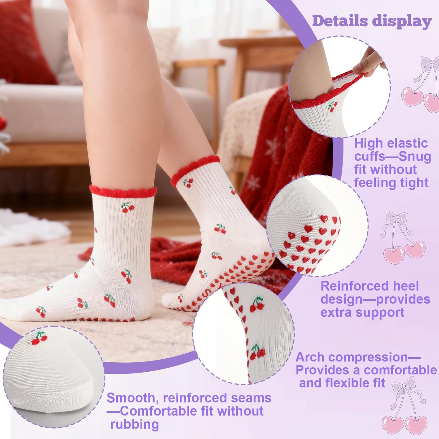 5 Pairs Cute Pilates Socks for Women, Ruffle Frilly Yoga Socks Non Slip Cotton Crew Socks with Embroidery Pattern - Image 4