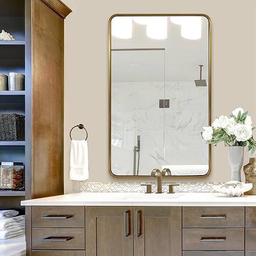 Miniatura 9 de ANDY STAR Espejo de baño dorado cepillado de 48 x 30 pulgadas, espejo de tocador de baño de latón redondeado, SUS304, espejo de marco de metal