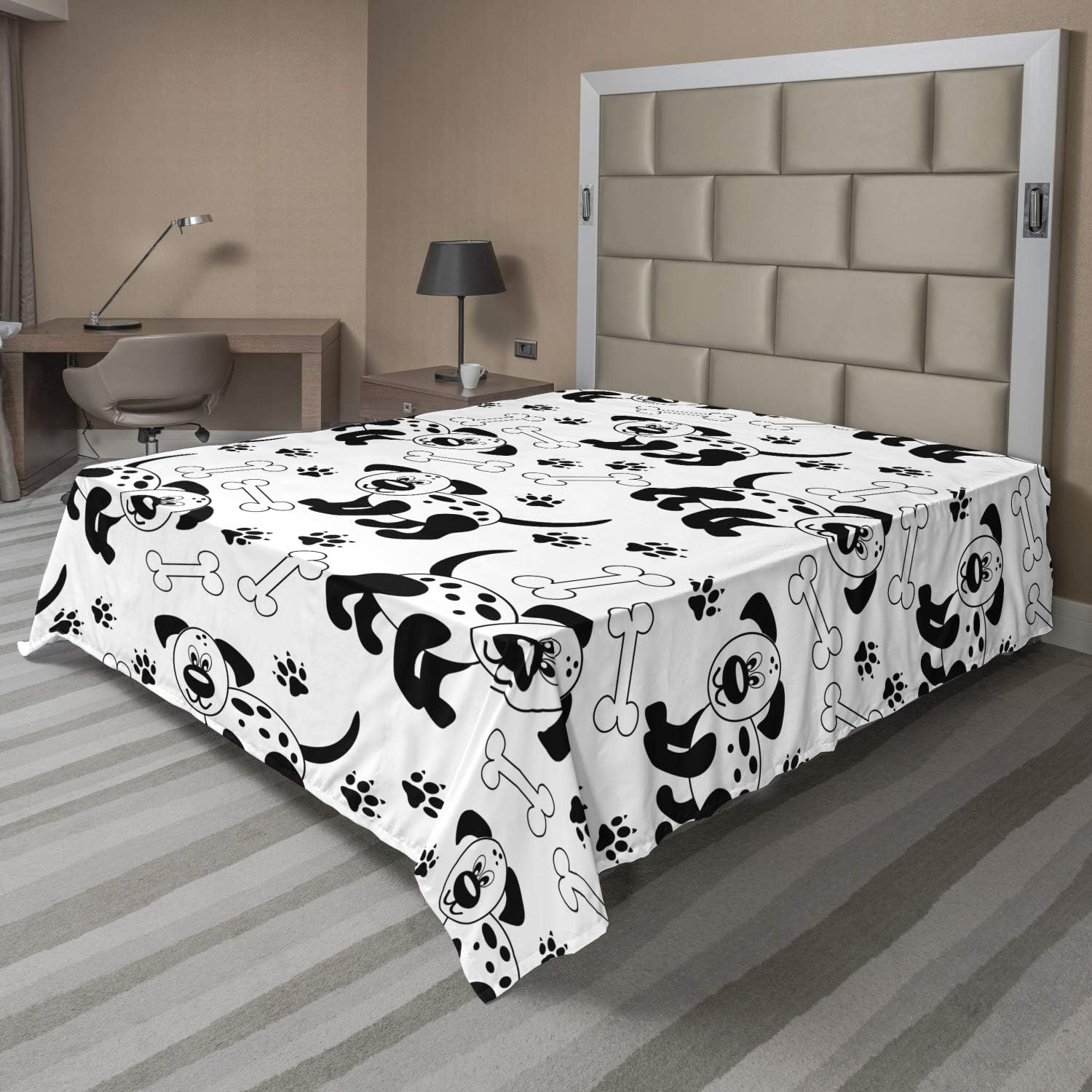 Ambesonne Bones Flat Sheet, Monochrome Style Pattern of Puppy Paws on a Plain Background, Soft Comfortable Top Sheet Decorative Bedding 1 Piece, King Size, Charcoal Grey and White