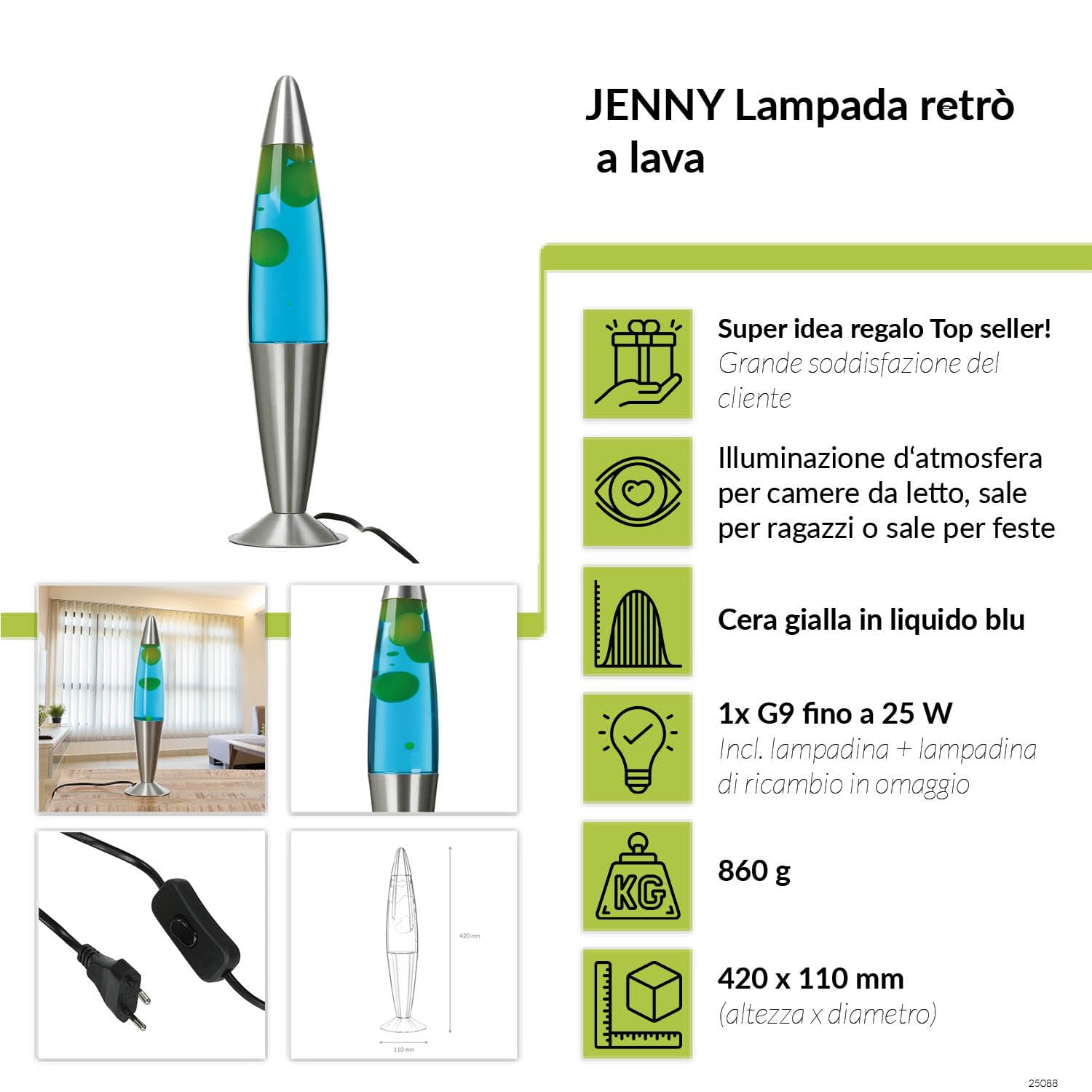 Licht-Erlebnisse Lampada di lava blu giallo, argento, lampada di lava, lampada d'atmosfera, soggiorno, altezza 42 cm, G9, lampadina inclusa, rilassante, calmante, lampada di lava moderna JENNY