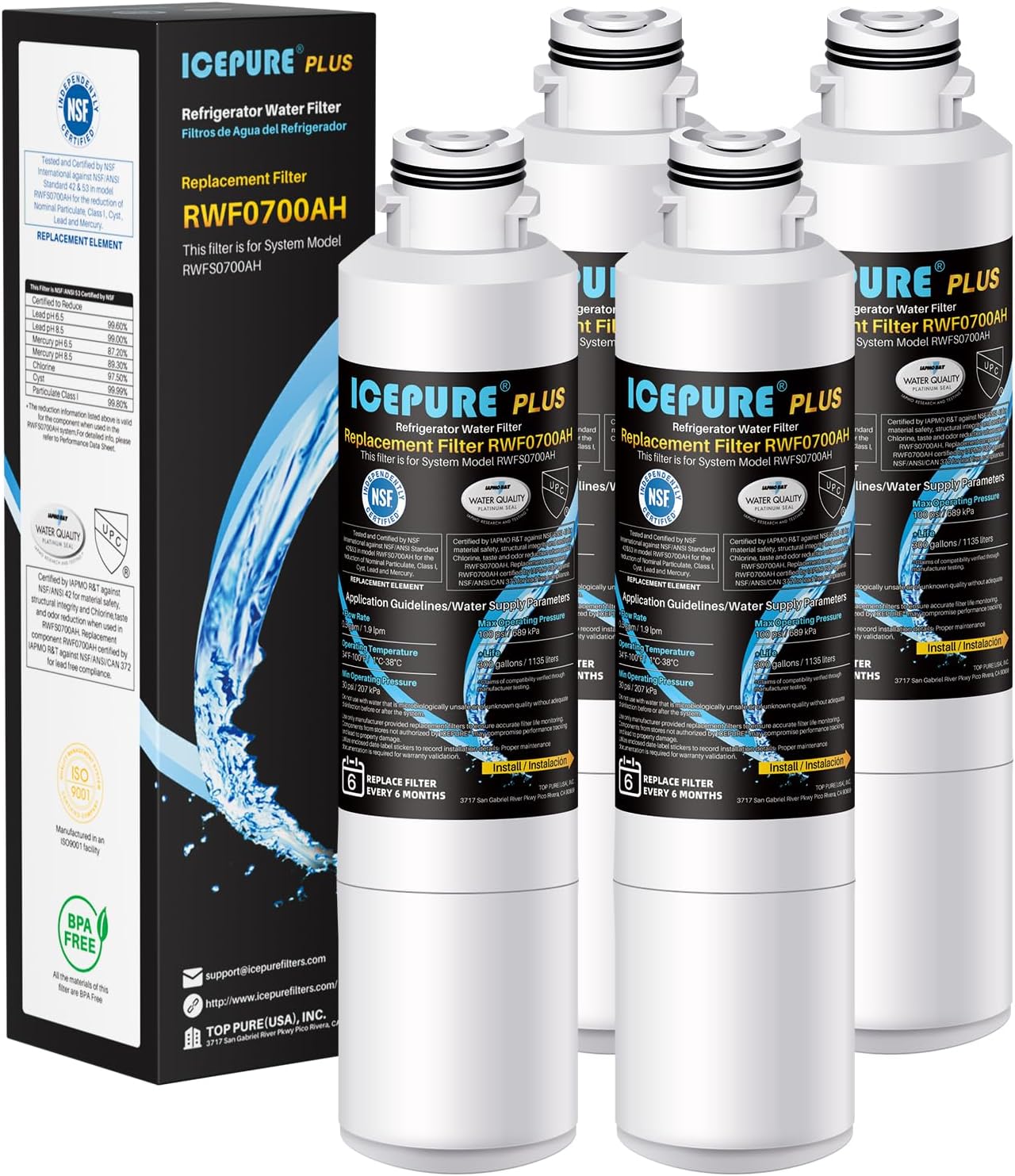 ICEPURE PLUS NSF/ANSI 53&42 DA29-00020B Refrigerator Water Filter,Replacement for Samsung DA97-08006A, DA29-00020A, RF28JBEDBSG, HAF-CIN/EXP, HAF-CIN, KENMORE 469101, RF28HMEDBSR, RF4287HARS,4PACK
