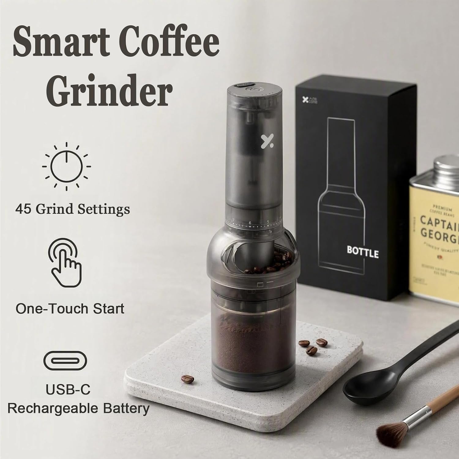 Portable Electric Coffee Grinder, 45 Settings Stainless Steel Conical Burr Grinder with USB-C Rechargeable Battery, Built-in Bean Chamber,Viewing Window, 20-80g Grounds Container(Smoke Gray)