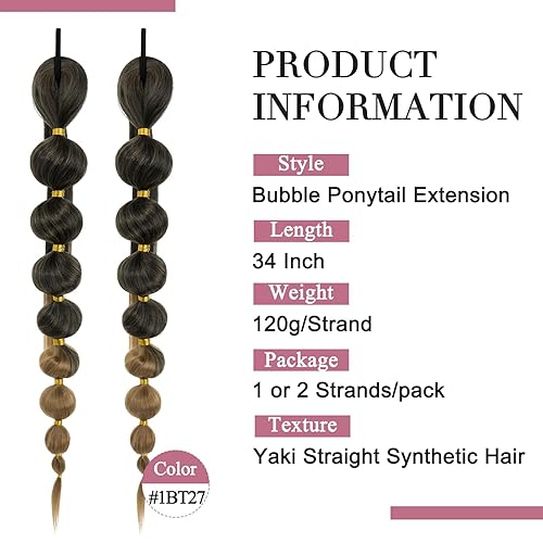 Miniatura 2 de Benehair Extensión de cola de caballo larga de burbujas para mujer, 34 pulgadas, color negro degradado rubio, cola de caballo afro con banda para el