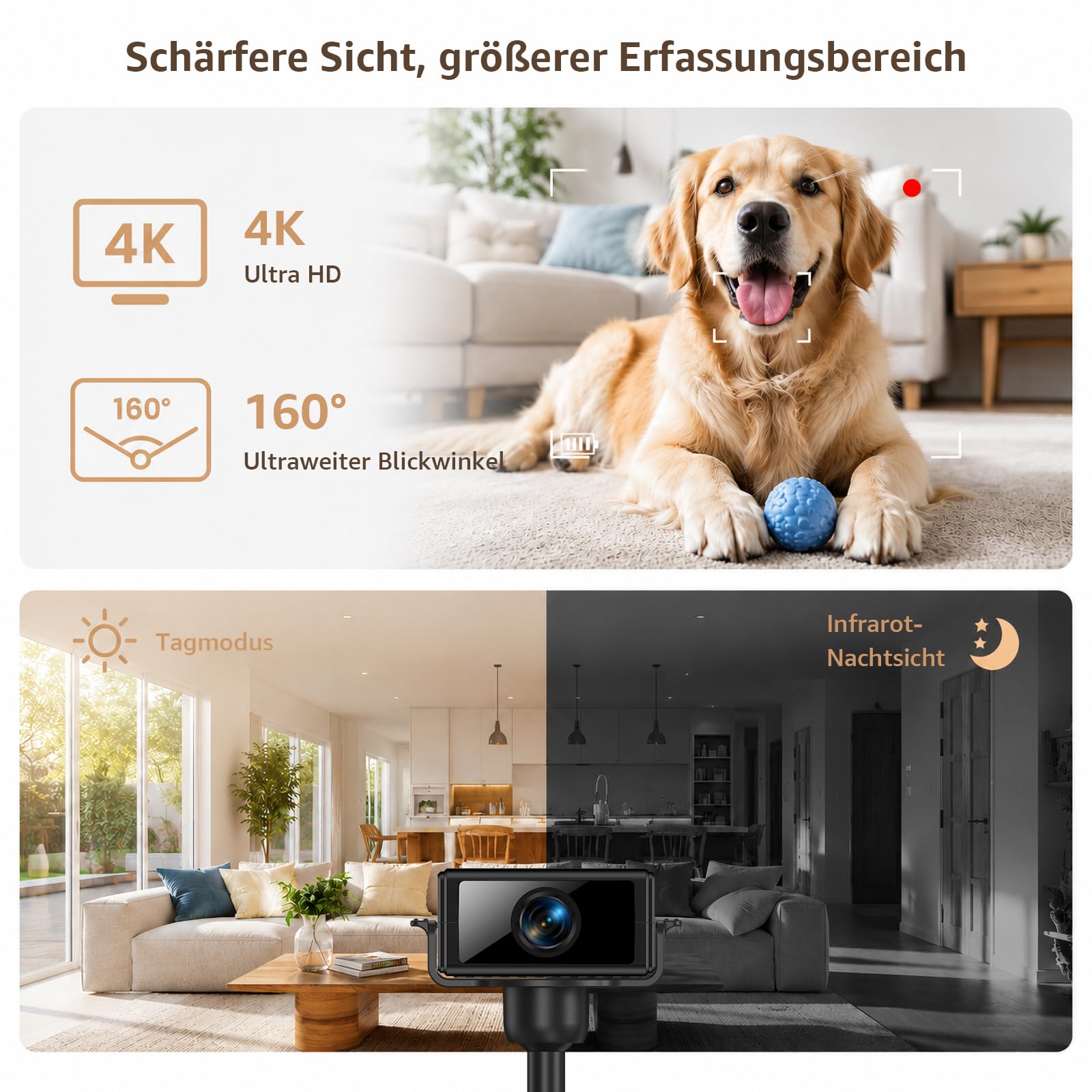 Mini Kamera 4K WLAN, Kleine Kamera für Innenräume mit Nachtsicht, Bewegungserkennung & App-Benachrichtigungen, Live-Ansicht, Cloud- & Micro-SD-Speicher, Überwachungskamera für Zuhause und Büro