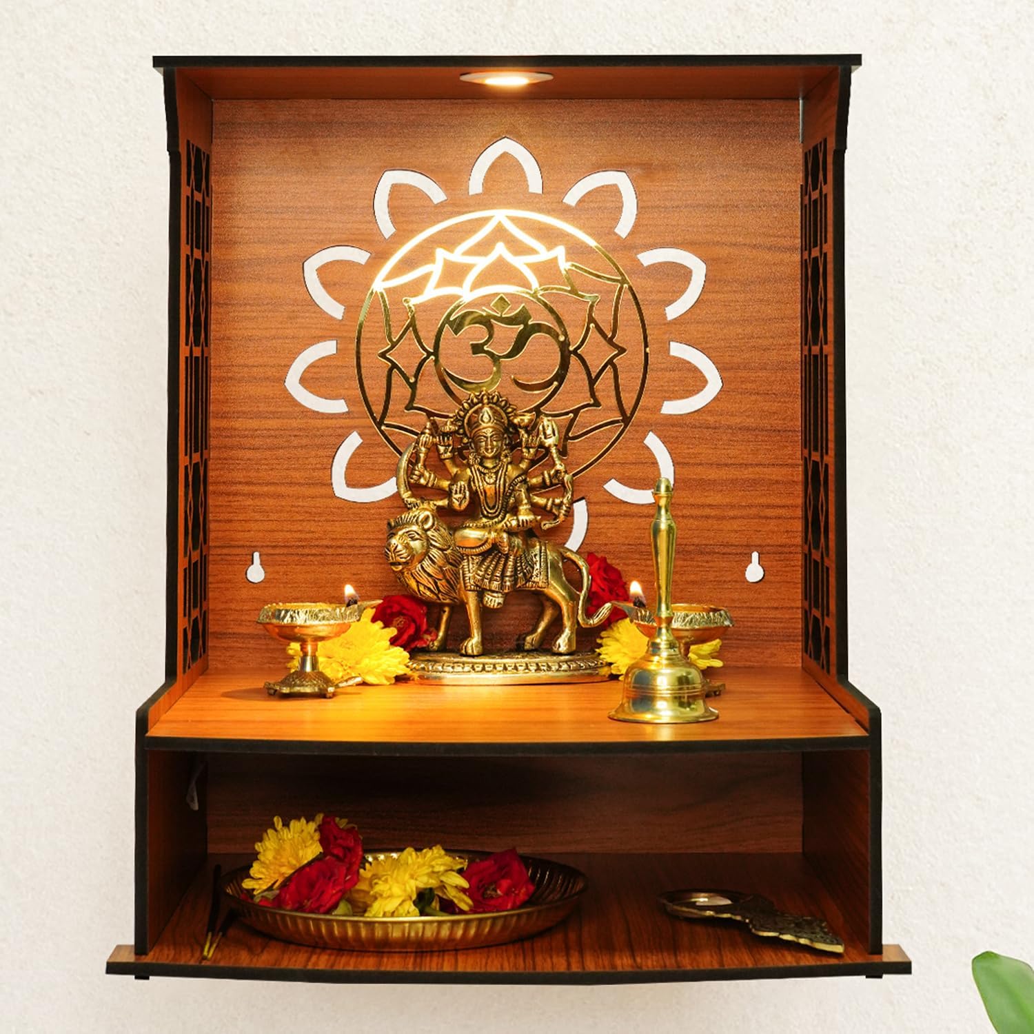Ekhasa Wooden Pooja Mandir for Home Wall Mounted | God Temple | Puja Stand | Pooja Unit With LED Spotlight | Temple for Office