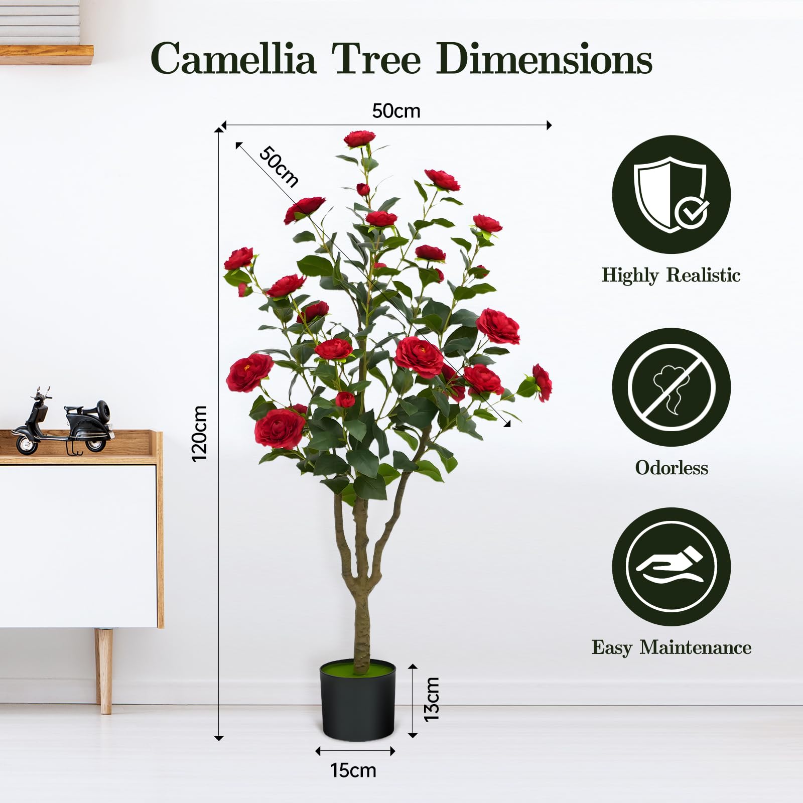 2 pzs Camelia Artificial 120 cm, con 24 Flores Rojas, Planta Camelia Artificial de Plástico, Planta en Maceta para Oficina Moderna, Hogar, Salón, Decoración de Pisos, Fácil de Mantener