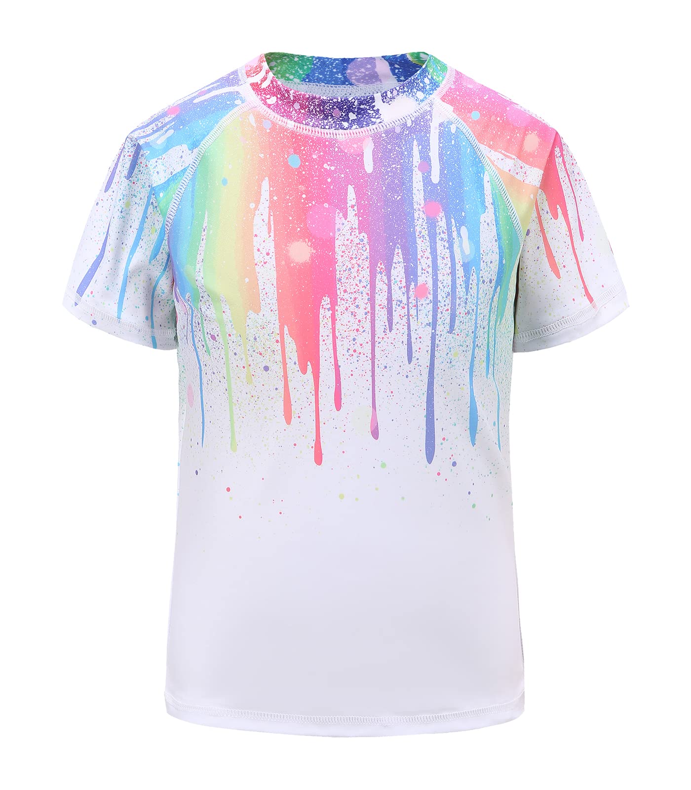 Big Girls Short Sleeve Rash Guard Swim Shirt for Girls Hawaiian Swimsuits UPF 50+ Sun Protection Swim Top Bathing Suit White Rainbow Splash Size 12/10-12