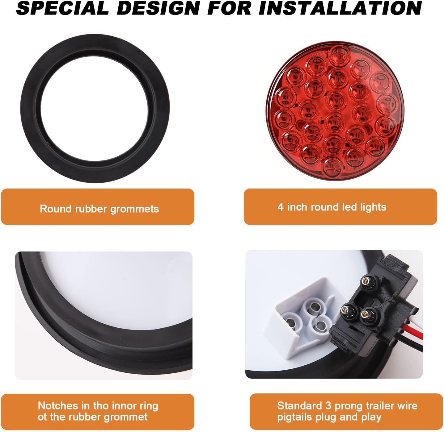 4Pcs 4 Inch Round Led Trailer Tail Lights, Red 24 LED Trailer Lights Waterproof, 4" Stop Turn Brake Led Tail Lights Sealed Flush Mount for Trucks RV Include Grommets 3-Prong Wire Plugs