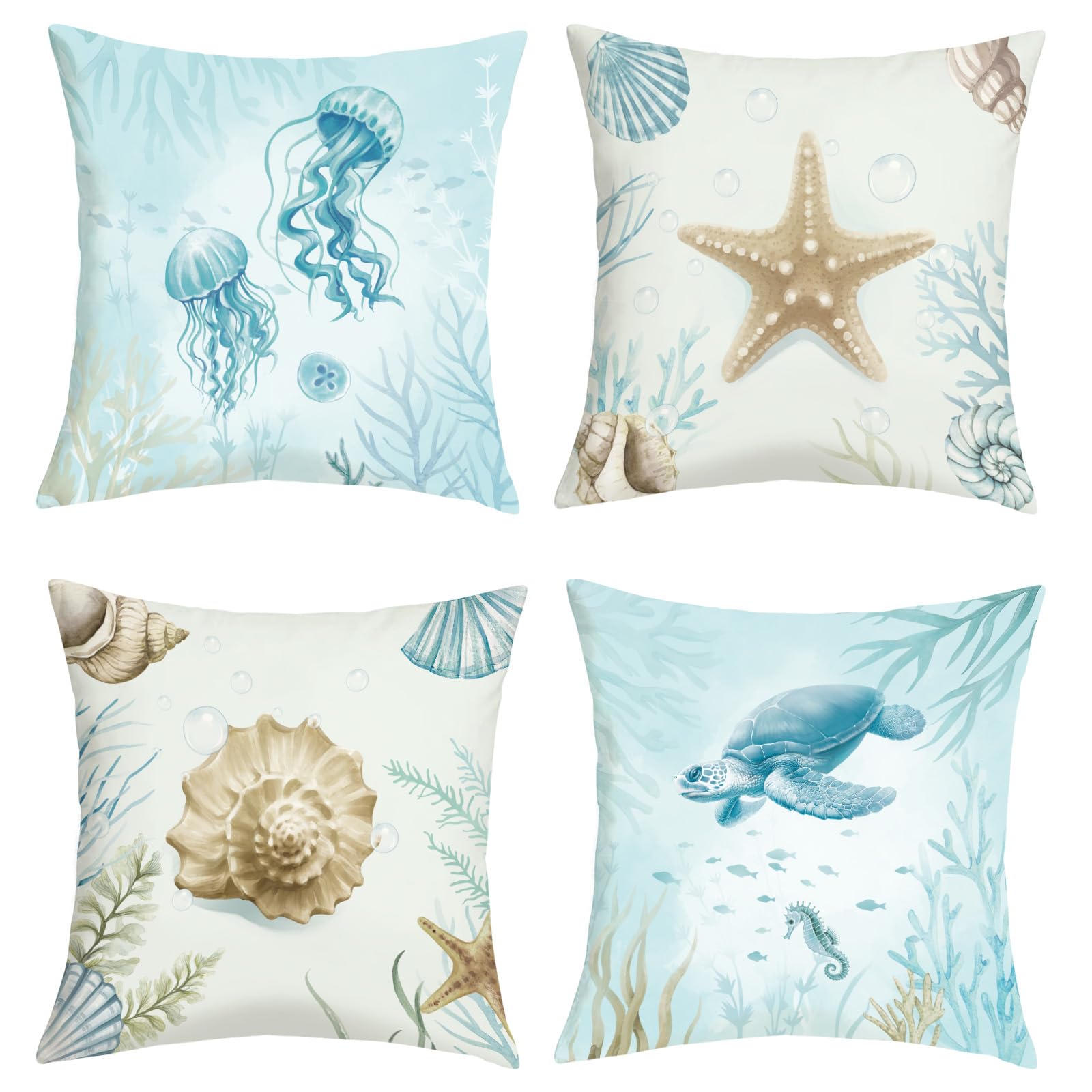 4 Housses Coussin 45x45cm Joymaison - Motif Plage été - Déco Maritime