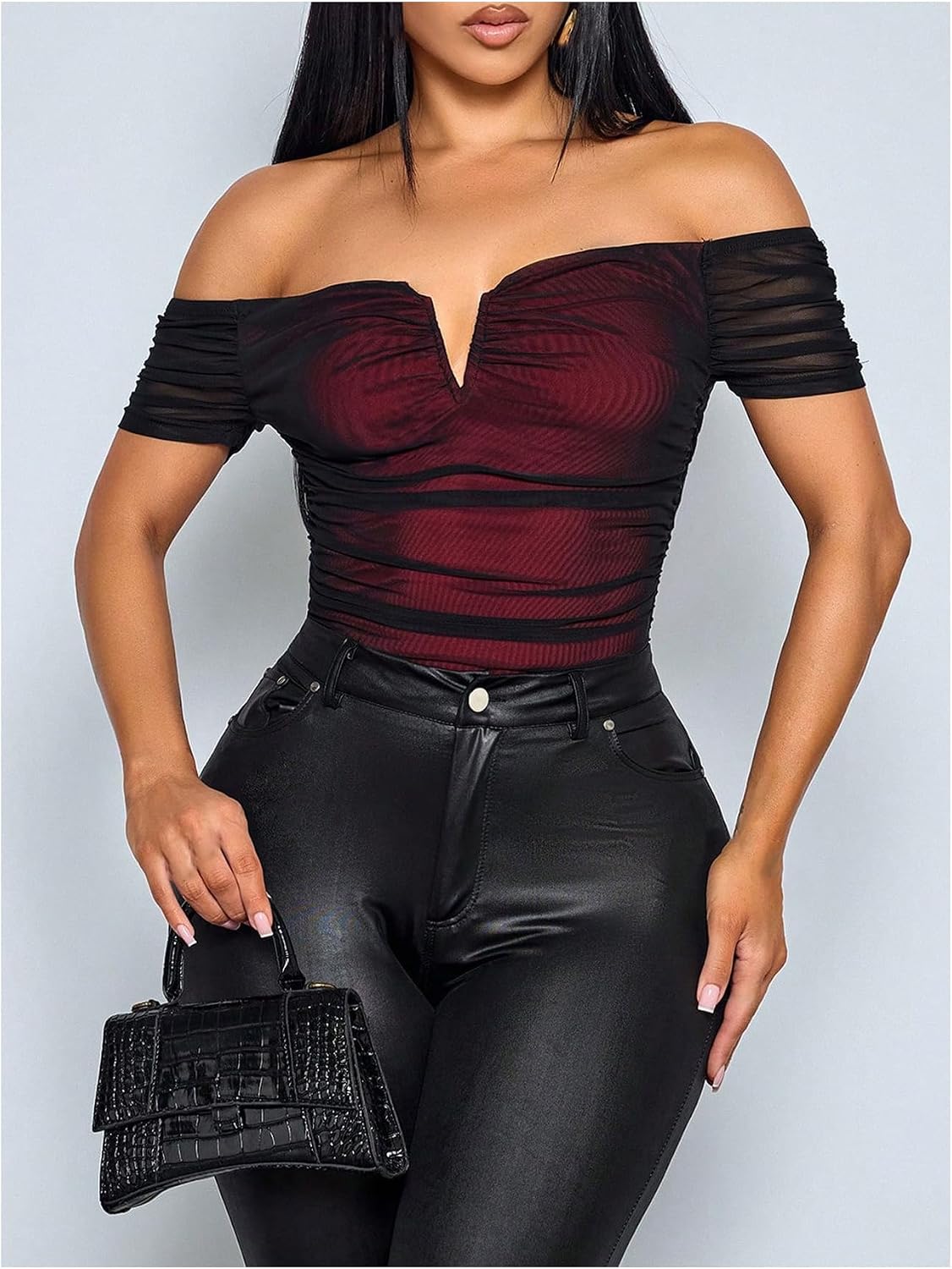 OYOANGLE Women's Off Shoulder V Neck Bodysuit Mesh Overlay Ruched Club Party One Piece Leotard Tops