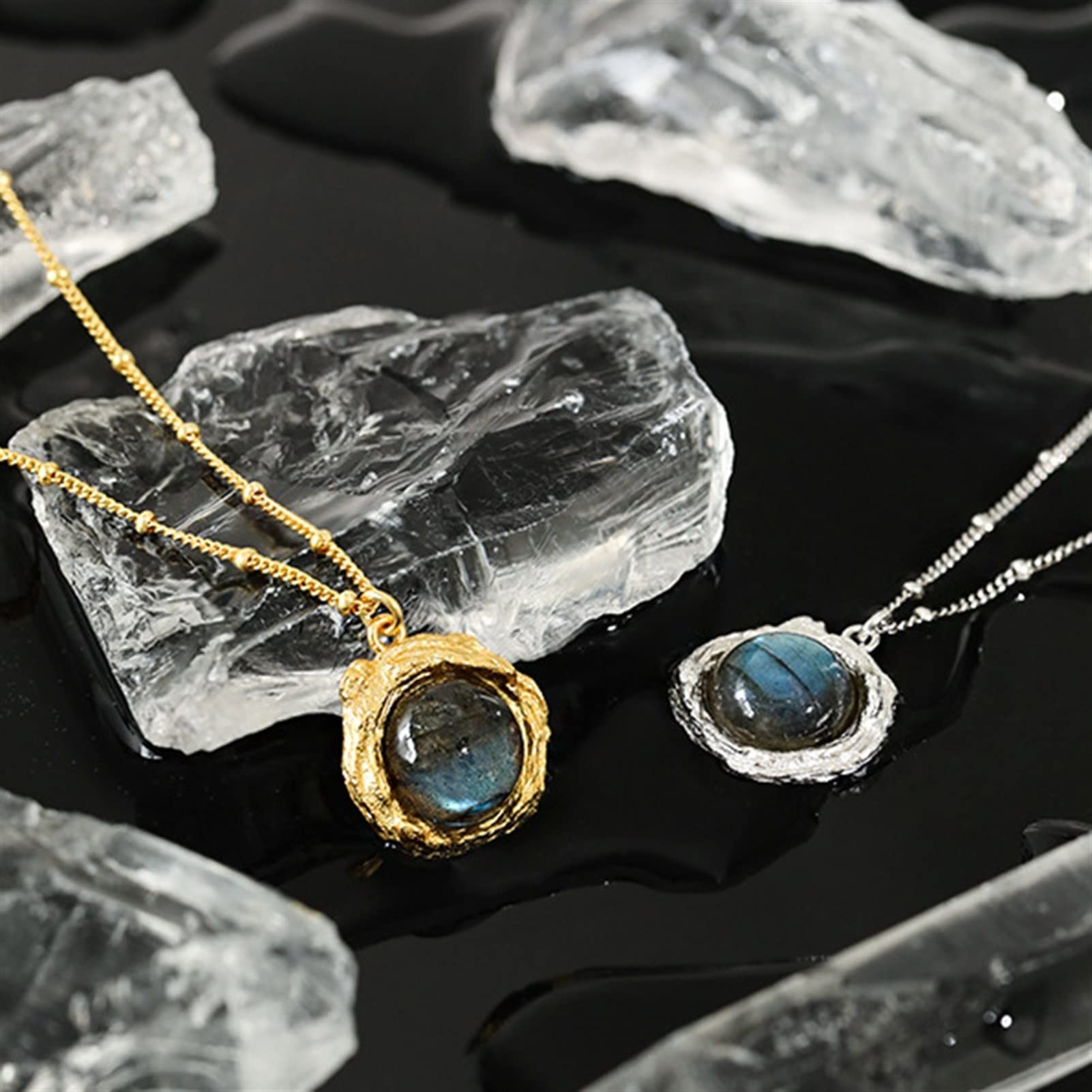 Collane Pendente in argento sterling 925 Ciondolo rotondo pendente trasparente collana lunga collana donna squisita gioielli pendente del partito Collana da donna ( Gem Color : Gold Labradorite )