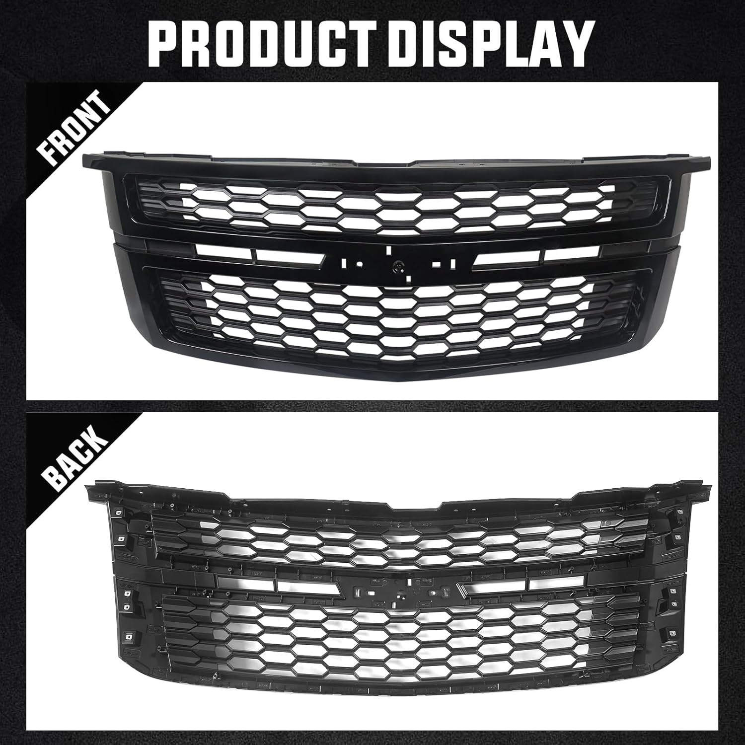Front Grille Assembly Compatible with Chevy Tahoe/Suburban 2015-2020 Honeycomb Upper Bumper Grill Direct Replacement (Black)