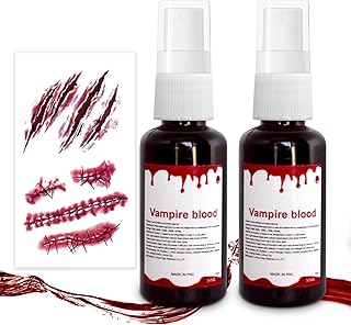 2pcs Halloween Fake Blood Makeup Kit 1oz, Halloween Dripping Blood Spray Makeup with Scar Stickers, Realistic Safe Washable Liquid Blood, SFX Cut Wound for Vampire Zombie Monster
