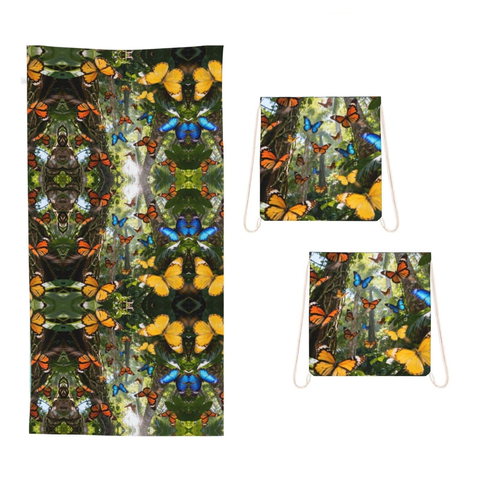 CNTDBU Butterfly Color Group 2 in 1 Packable Towel Bag-Large Beach Towel with Stuff Sack, Super Absorbent Microfiber Travel Towel for Pool