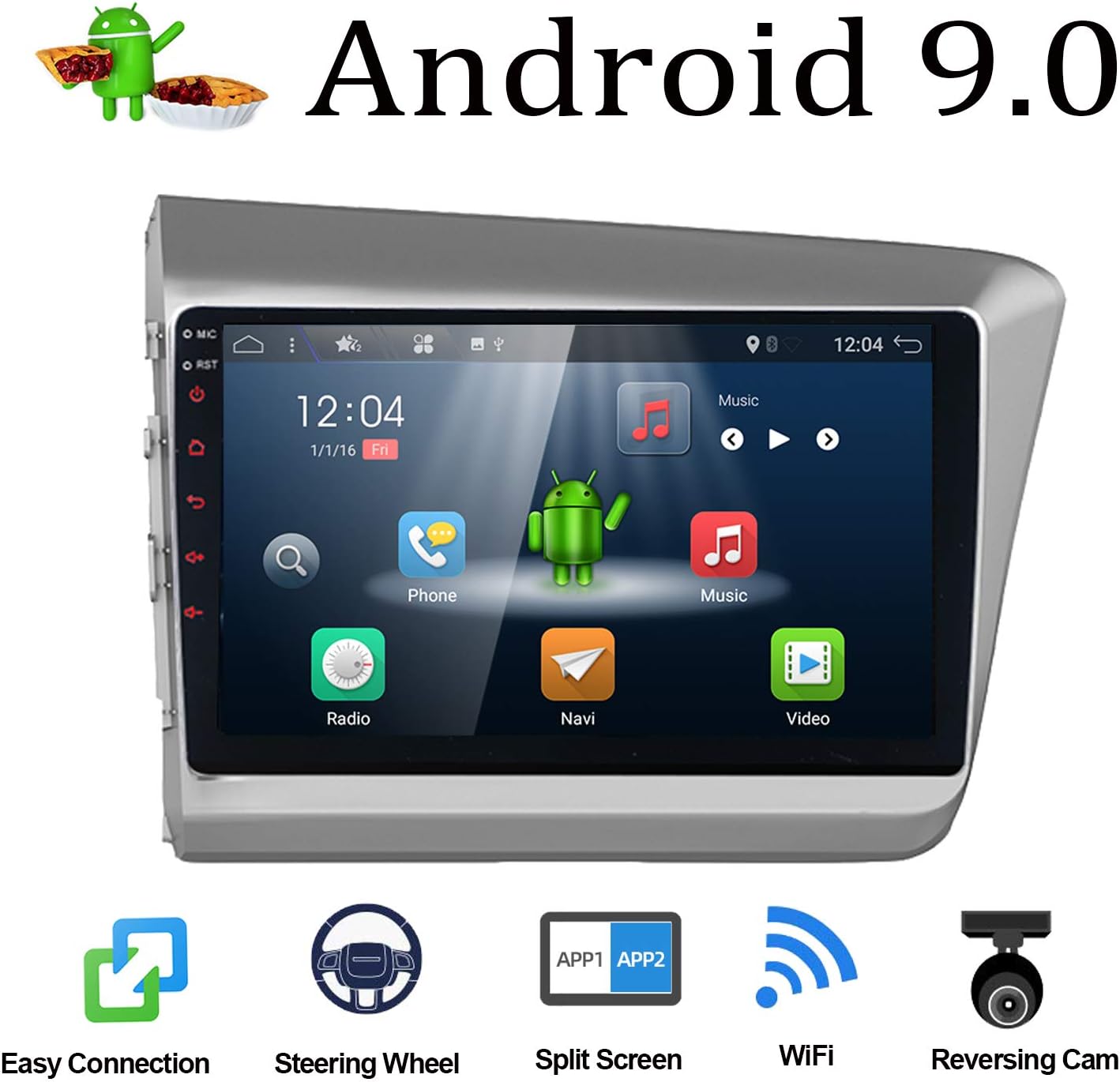 Android 9.0 Double Din Car Stereo for Honda Civic 2012 Radio GPS Navigation Head unit | 9 Inch Octa Core 1024x600HD 2G RAM | Support Bluetooth Steering Wheel WIFI USB | Free Backup Camera & Canbus |