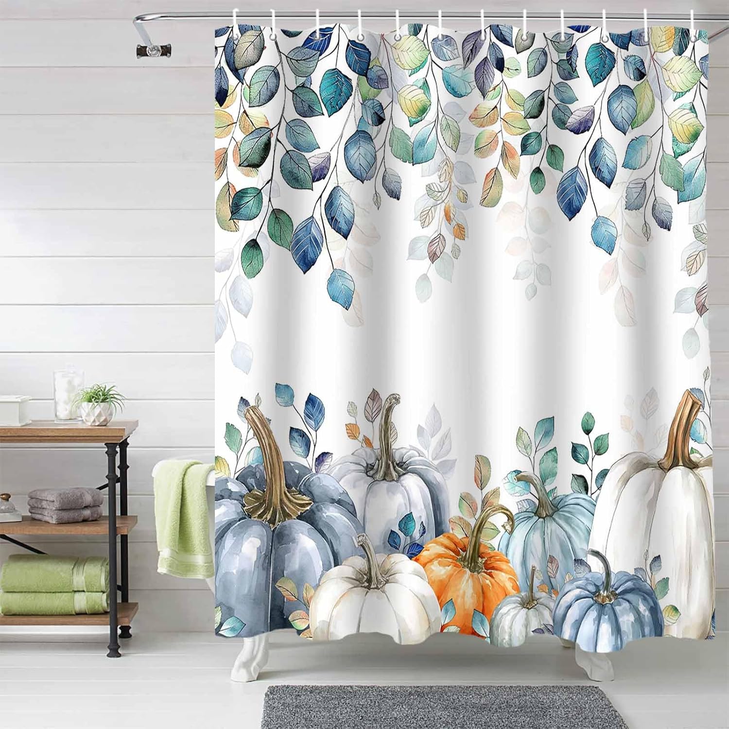 Fall Shower Curtain Blue Eucalyptus Leaves Pumpkin Bathroom Curtains with Hooks, Waterproof Fabric Autumn Watercolor Leaf Harvest Thanksgiving Shower Curtains Set for Bathroom Bathtubs Holiday 72x72