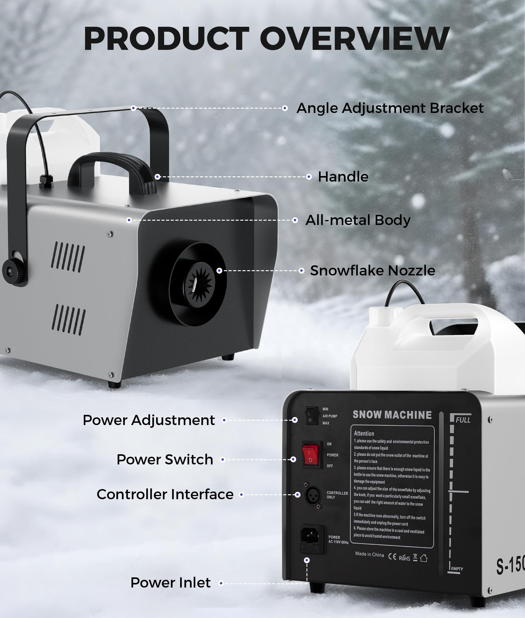1500W Hochleistungs-Schneemaschine mit kabelgebundener Fernbedienung – Starker Schneefall für Weihnachtsmärkte, Hochzeiten und Kinderpartys – Innen-/Außeneinsatz