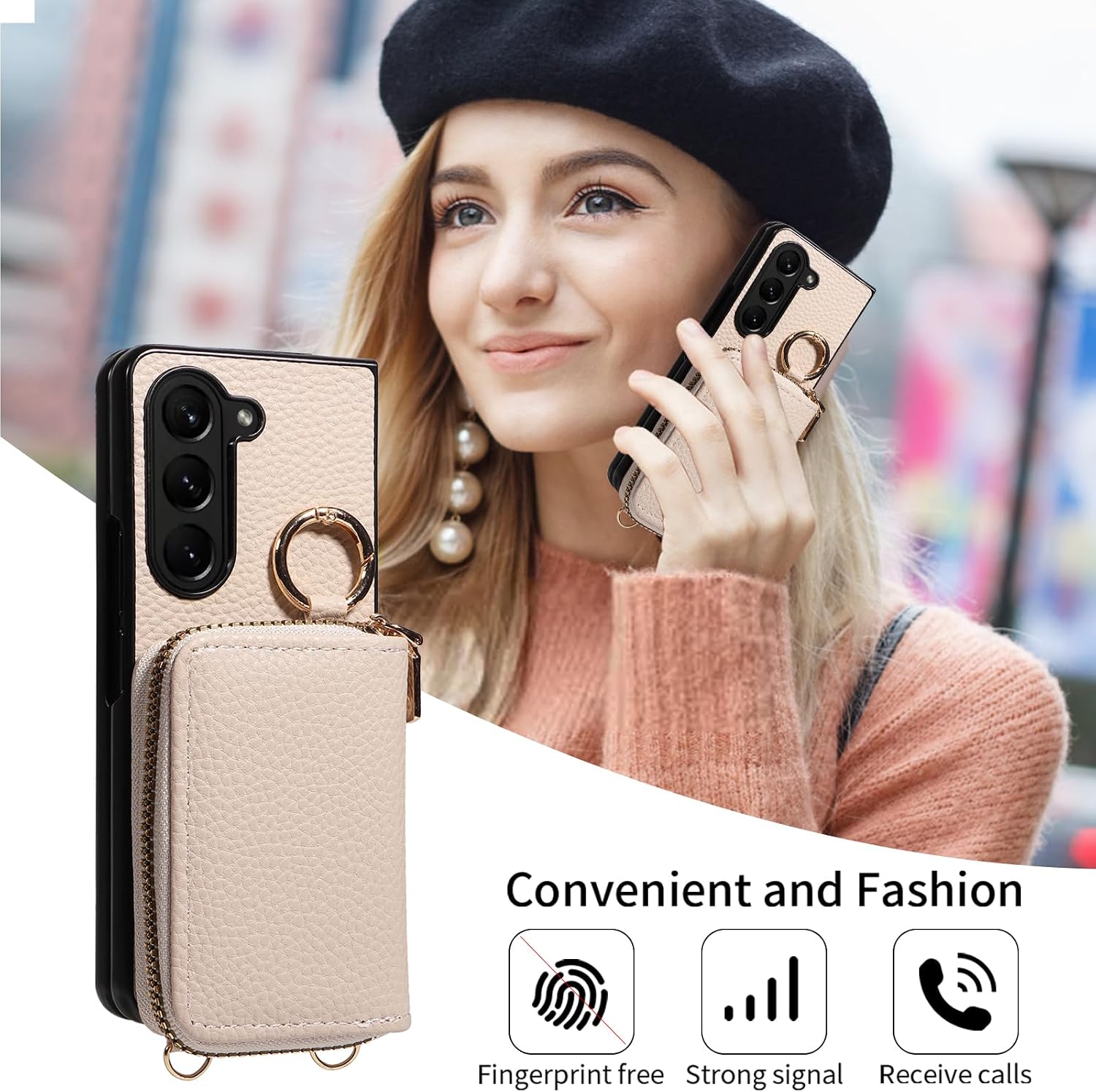 Wallet Case for Samsung Galaxy Z Fold 6 5G 2024 with Shoulder Strap Ring Buckle Zipper Flip Organ Purse, Credit Card Holder Stand Full Body Cell Phone Cover for ZFold6 Z6 G Fold6 ZFold 6Z White