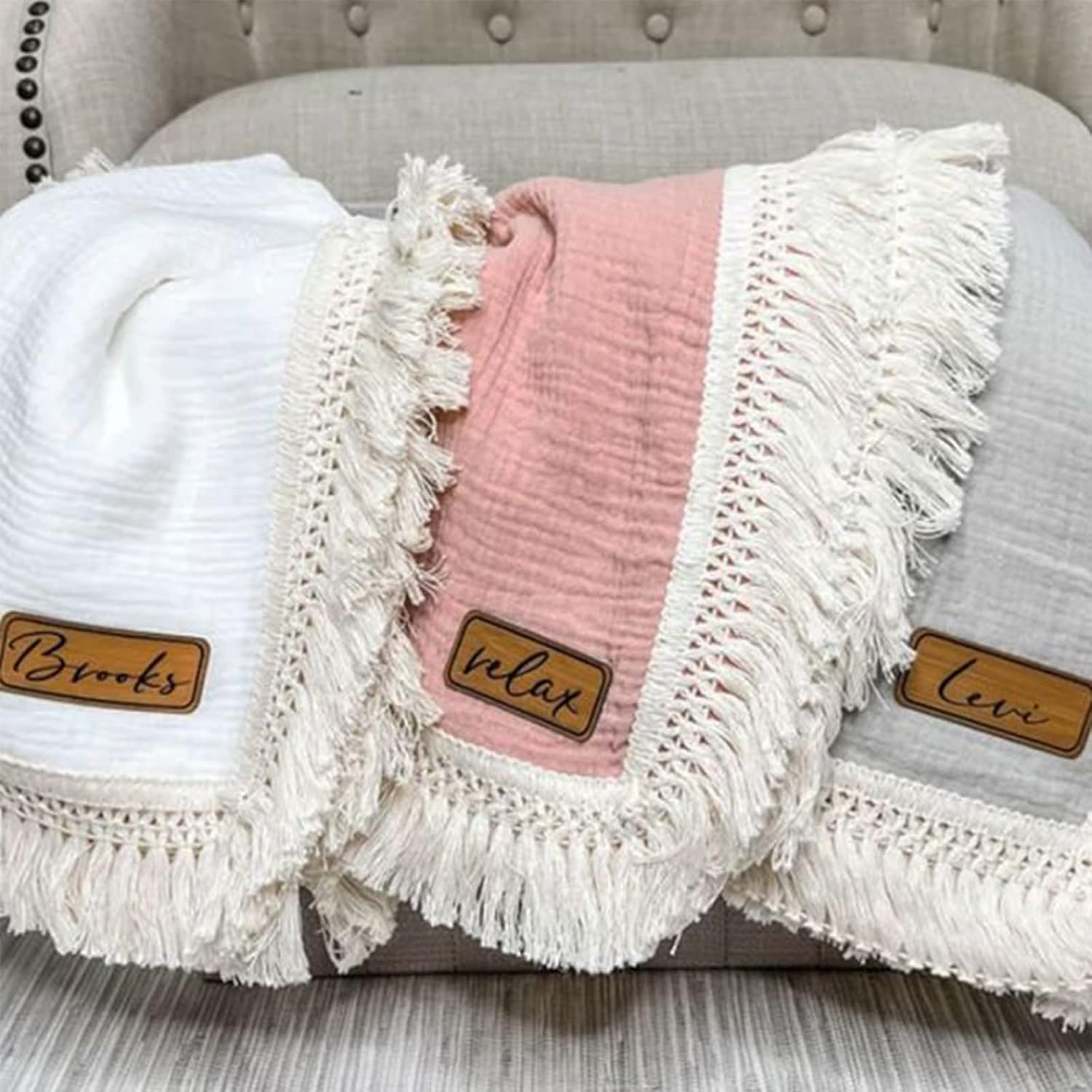 Personalized Fringe Baby Blanket, Idea for New Baby Gift Baby Lovey Cotton Muslin Baby Blanket with Tassel Infant Sleeping Quilt Bed Cover