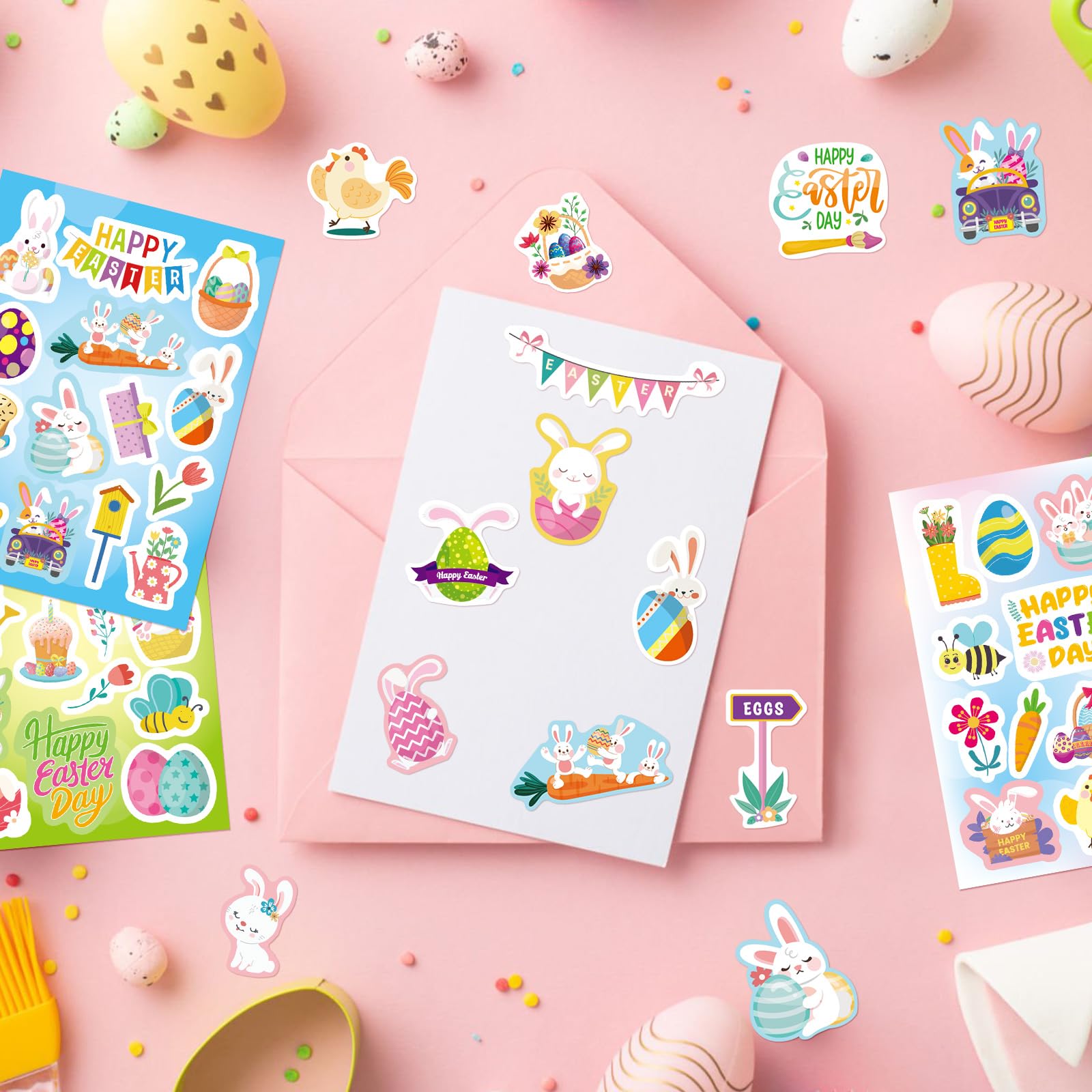 500 Pezzi Adesivi Uovo di Pasqua, Adesivo Buona Pasqua Rotolo Autoadesivo Adesivi Coniglietto per Scrapbooking Buste Cartoline Regali Bambini Feste Decorazioni Forniture (8 Stili