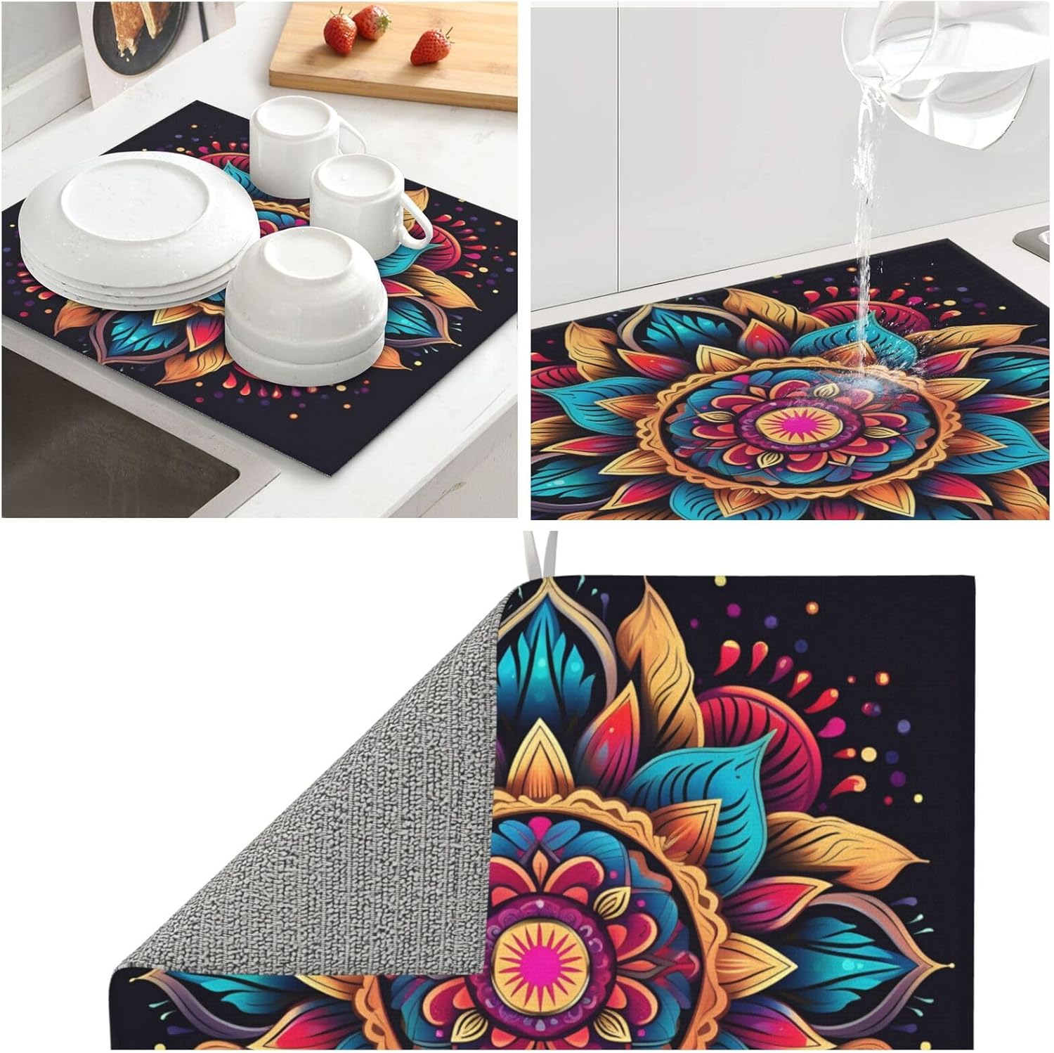 Boho Mandala Turquoise Dish Drying Mat For Kitchen Counter Dry Mats Microfiber Dish Drainer Mat Protector Pad Absorbent Fast Drying Kitchen Must-Have 16x18 Inch
