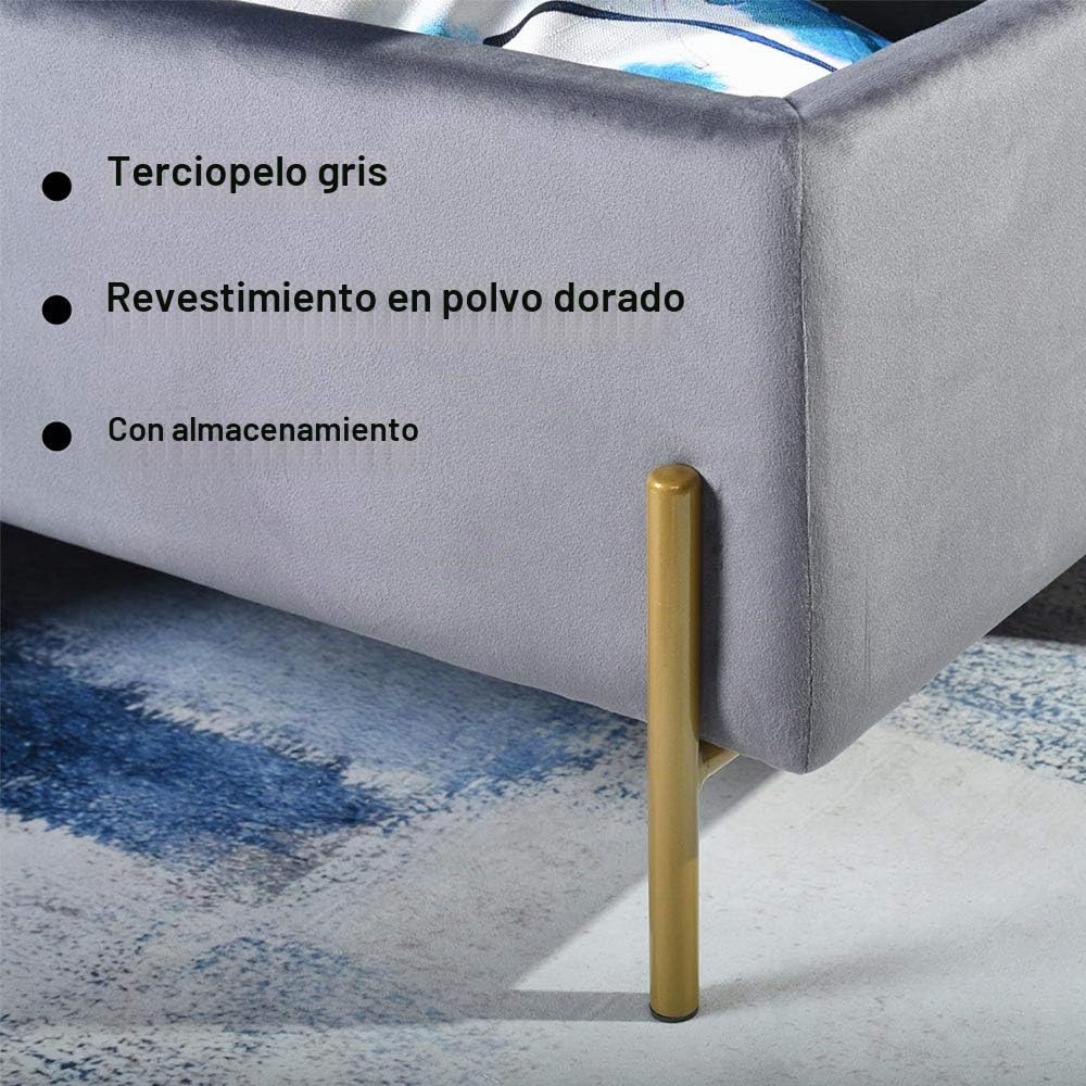 BAKAJI Baúl de Almacenamiento con reposapiés para Dormitorio, Banco de Madera, Revestimiento de Tela de Terciopelo, Asiento abatible Acolchado, Patas Doradas (Gris)