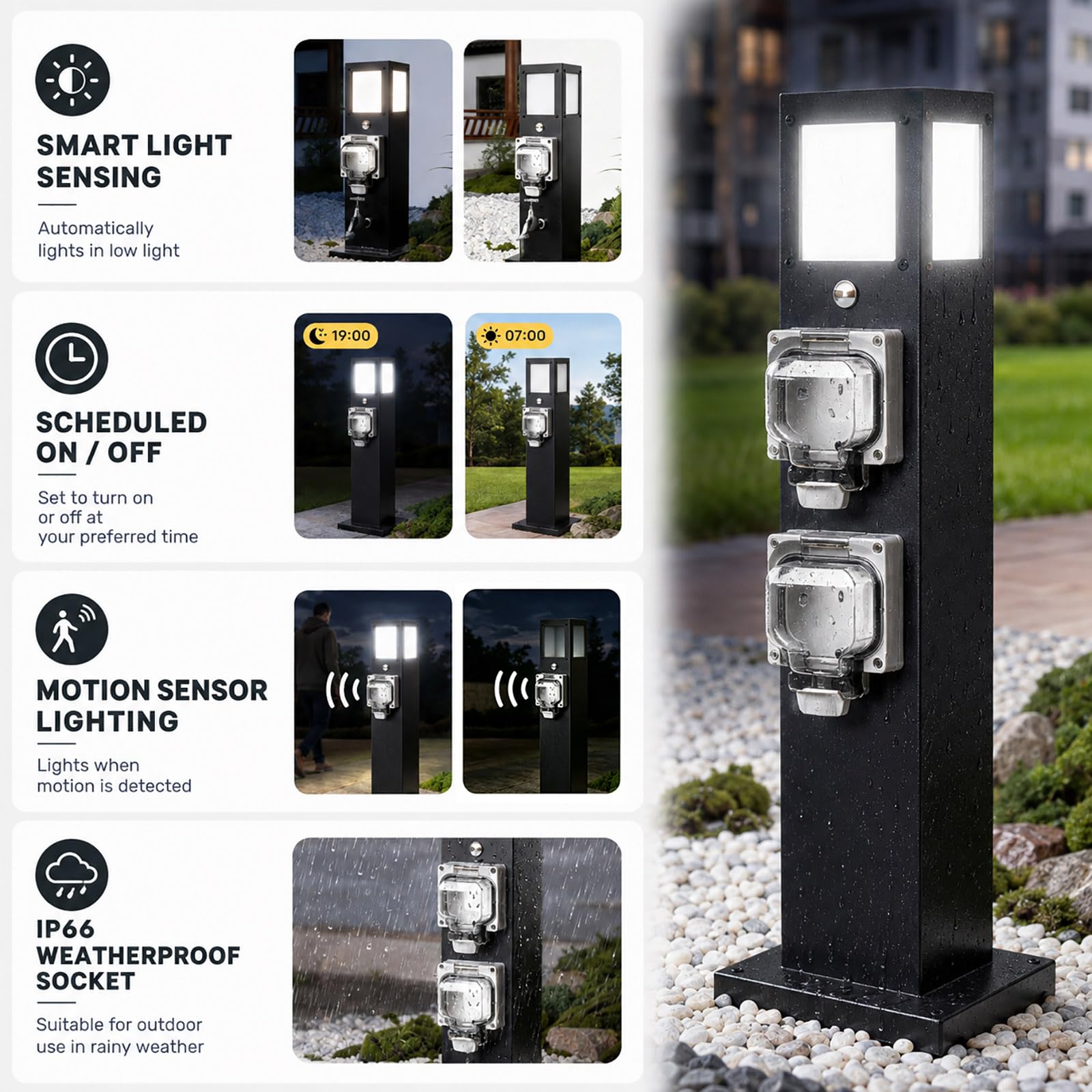 Colonnina da Giardino con Presa Ip66, Rubinetto E Luce LED, Acciaio Inox A600 3