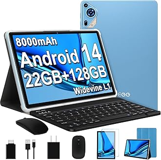 2025 Android 14 Tablet 10 inch Octa-Core Tablets with 22GB RAM+128GB ROM(Expand to 1TB),8000mAh Large Battery,1280x800 IPS HD Touch Screen,Support Widevine L1,Keyboard & Mouse Included-Metal Blue