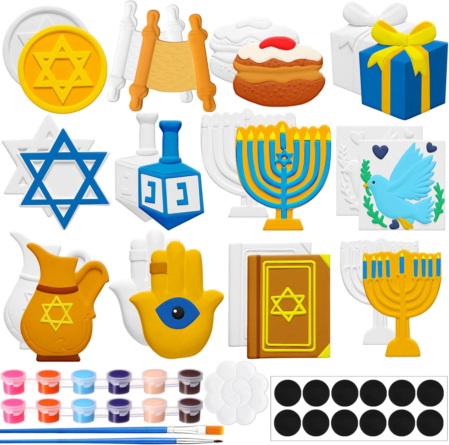 Chiisong 12 Set Hanukkah Crafts Ceramic to Paint Set Chanukah Decorations Gifts Hanukkah Plasters DIY Ceramics with Pastel Brush Palette Magnet for The Festival of Lights