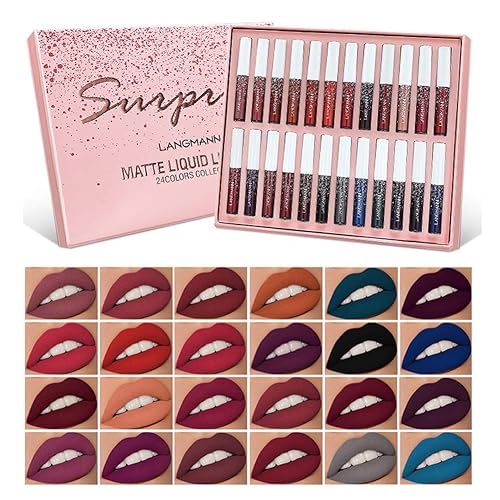 WAQIA Juego de 24 lápices labiales líquidos mate, impermeable, kit de brillo labial de larga duración