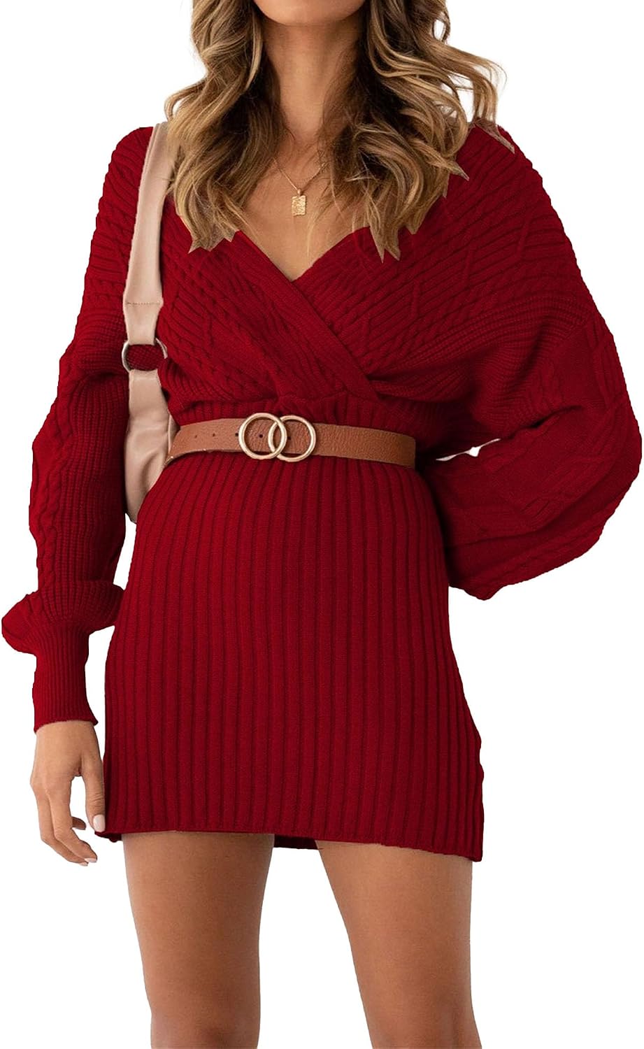 Women's Sweater Dress Sexy V Neck Wrap Long Sleeve Knitted Chunky Mini Dresses Casual Ribbed Bodycon Dress