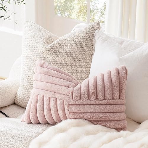 Miniatura 4 de Foindtower Paquete de 2 fundas de almohada decorativas de felpa de pelo sintético suave y esponjoso, funda de cojín lumbar acogedora a rayas para