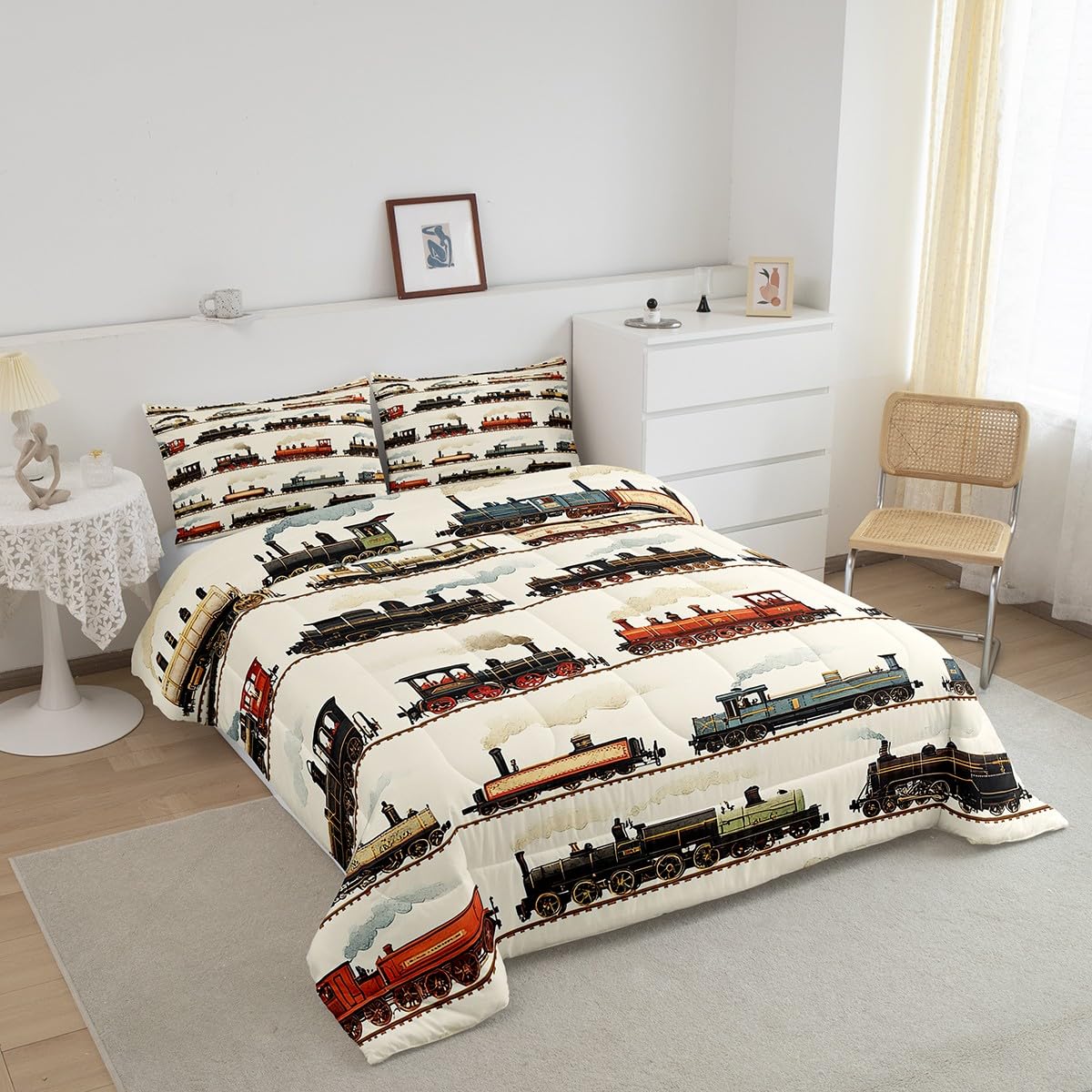 Feelyou Kids Train Fitted Sheet Set - Queen Size Buffalo Check Orange Plaid - Retro Steam Engine Bedding