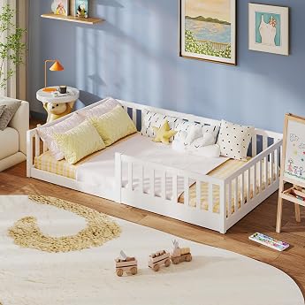 labebe Childrens Floor Bed 120 x 200 cm White Solid Wood Montessori Bed with Safety Rail and Slatted Base Mattress Not Included Suitable for Children and Babies