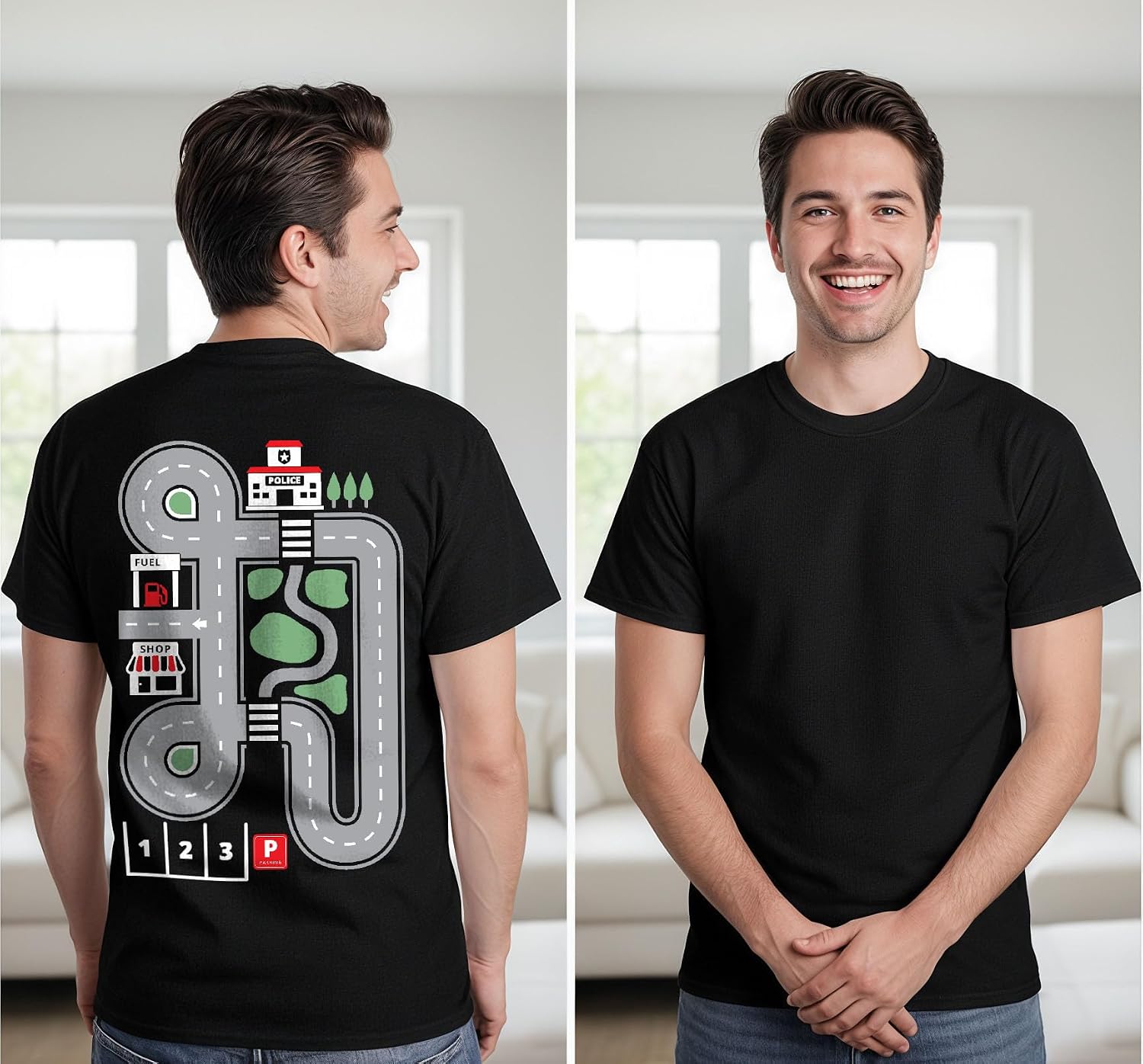 Tstars Playmat Car Track Shirt for Dad Gifts for Dads Fathers Day Play Cars Roads on Back Mens T-Shirt
