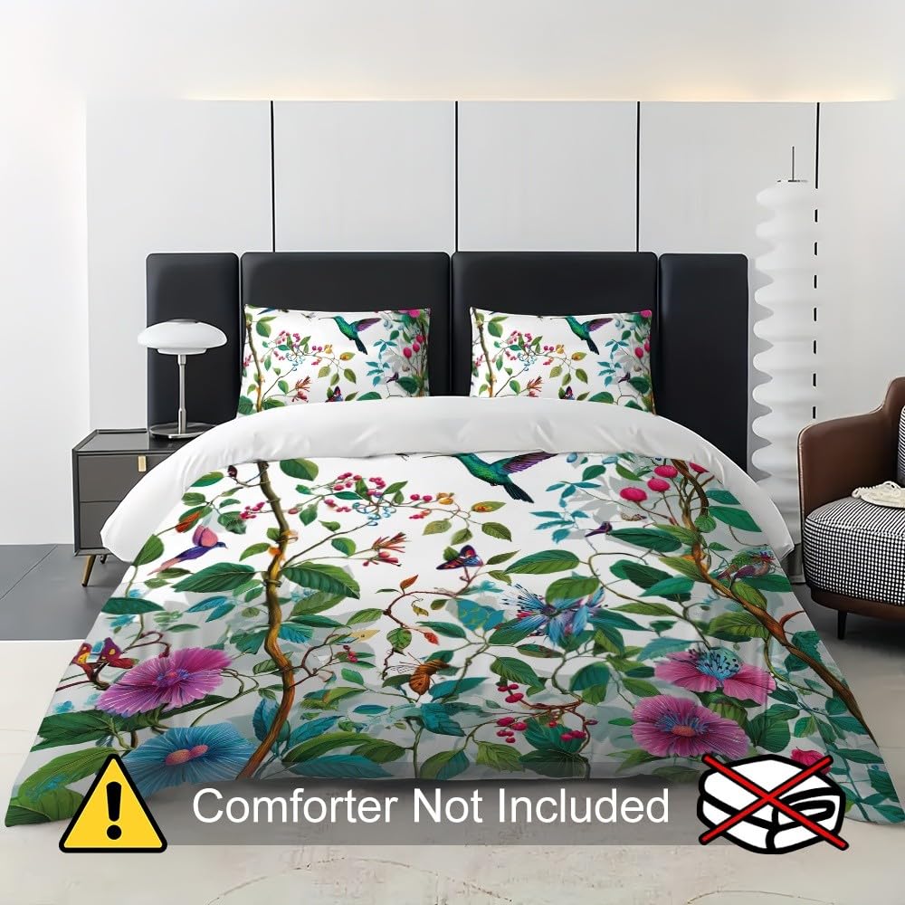 3-częściowy komplet pościeli z motywem kwiatów, motyli, kolibrów, 240 x 220 cm, poszewka na kołdrę z 2 poszewkami na poduszkę 80 x 80 cm, zielona, z mikrofibry, z zamkiem błyskawicznym, nie wymaga