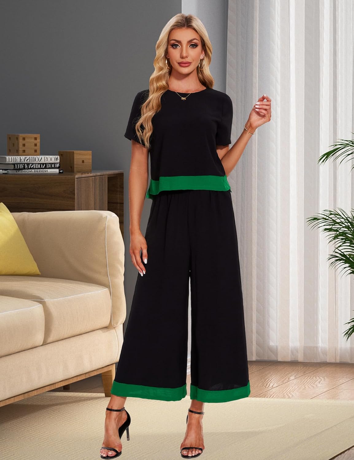 HANERDUN 2 Piece Outfits Short Sleeve Top Wide Leg Pants Casual Lounge Sets Travel Tracksuits - Image 2