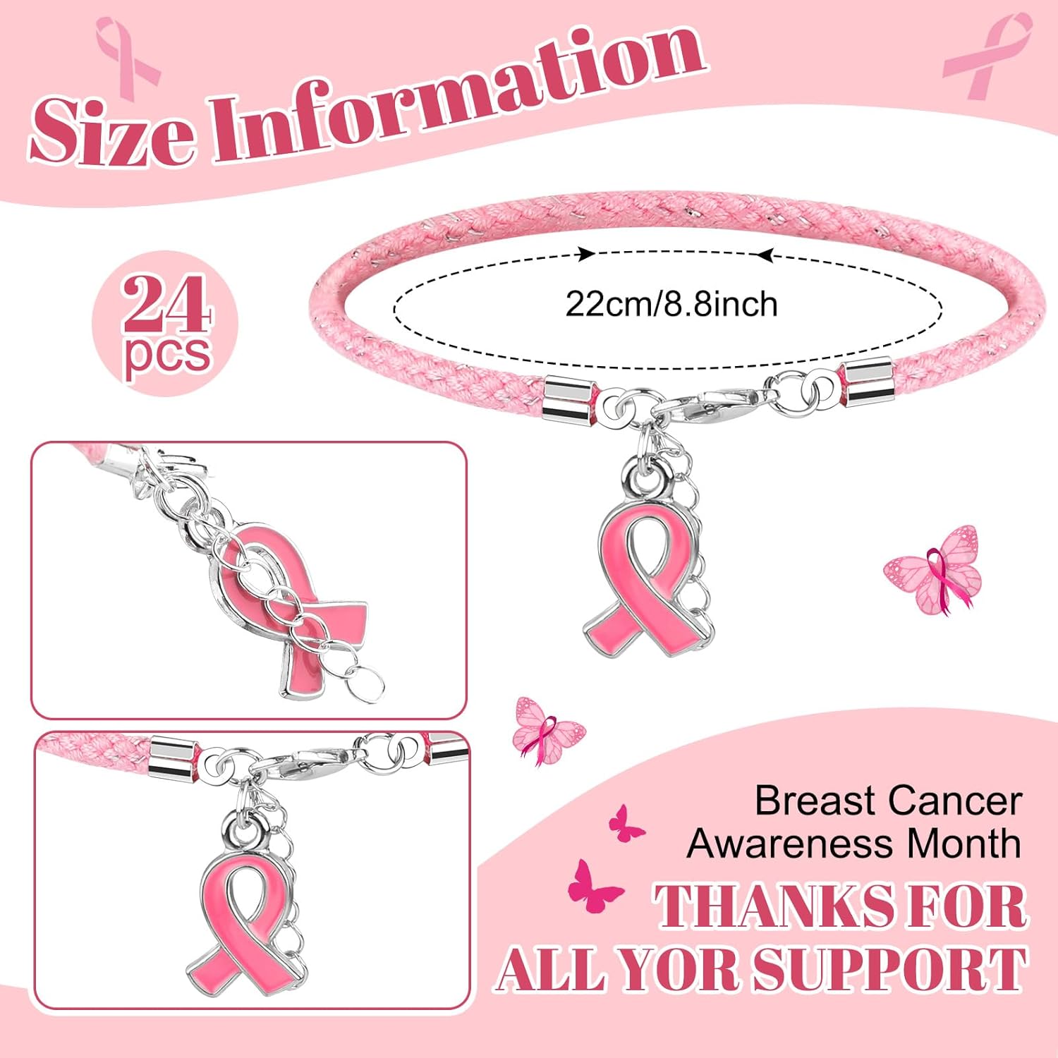 Karenhi 24 Pcs Breast Cancer Awareness Adjustable Bracelets with Pink Ribbon Charms for Women Breast Cancer Awareness Gifts - Image 3