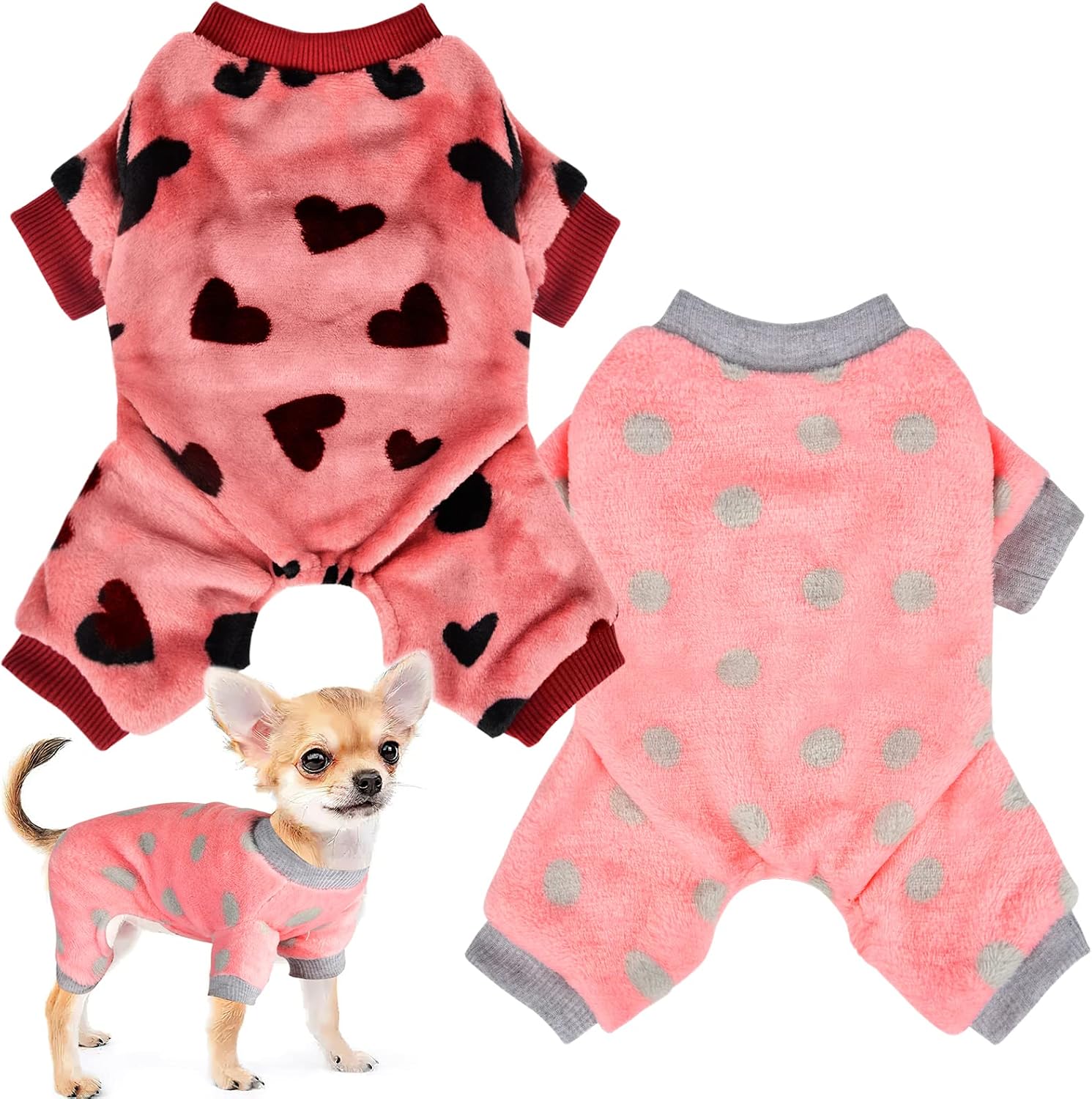 Fleece Dog Pajamas Winter Warm Puppy Clothes Pjs for Small Dogs Girls Pet Pjs Sweater Outfit Soft Doggy Jumpsuit Costume Cat Clothing Coats Set of 2 (red,Pink, Medium)
