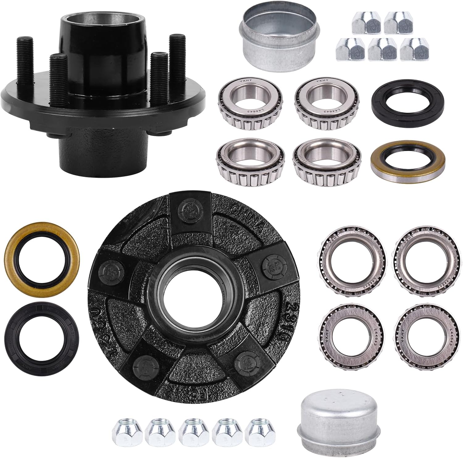 2 Sets Trailer Hub Kit 5 Bolt 4.5 for 2000 lbs Trailer Axles 1" & 1-1/16" Straight Spindle, Trailer Idler Hub Kit with L44643 L44649 Bearing Kit