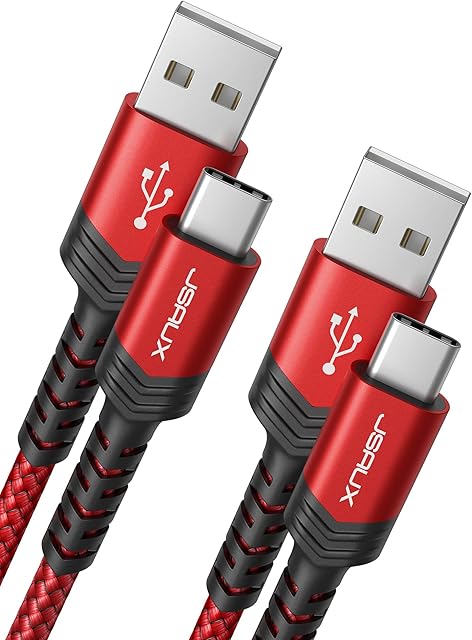 USB C Cable 3.1A (3m 2-Pack) Fast Charging, JSAUX Type C Fast Charger Cable Braided Compatible with Samsung Galaxy S22 S21 S20 S10 S9 S8 Plus Note 10 9 8, Huawei P10 P9, Pixel, Sony Xperia XZ, LG -Red