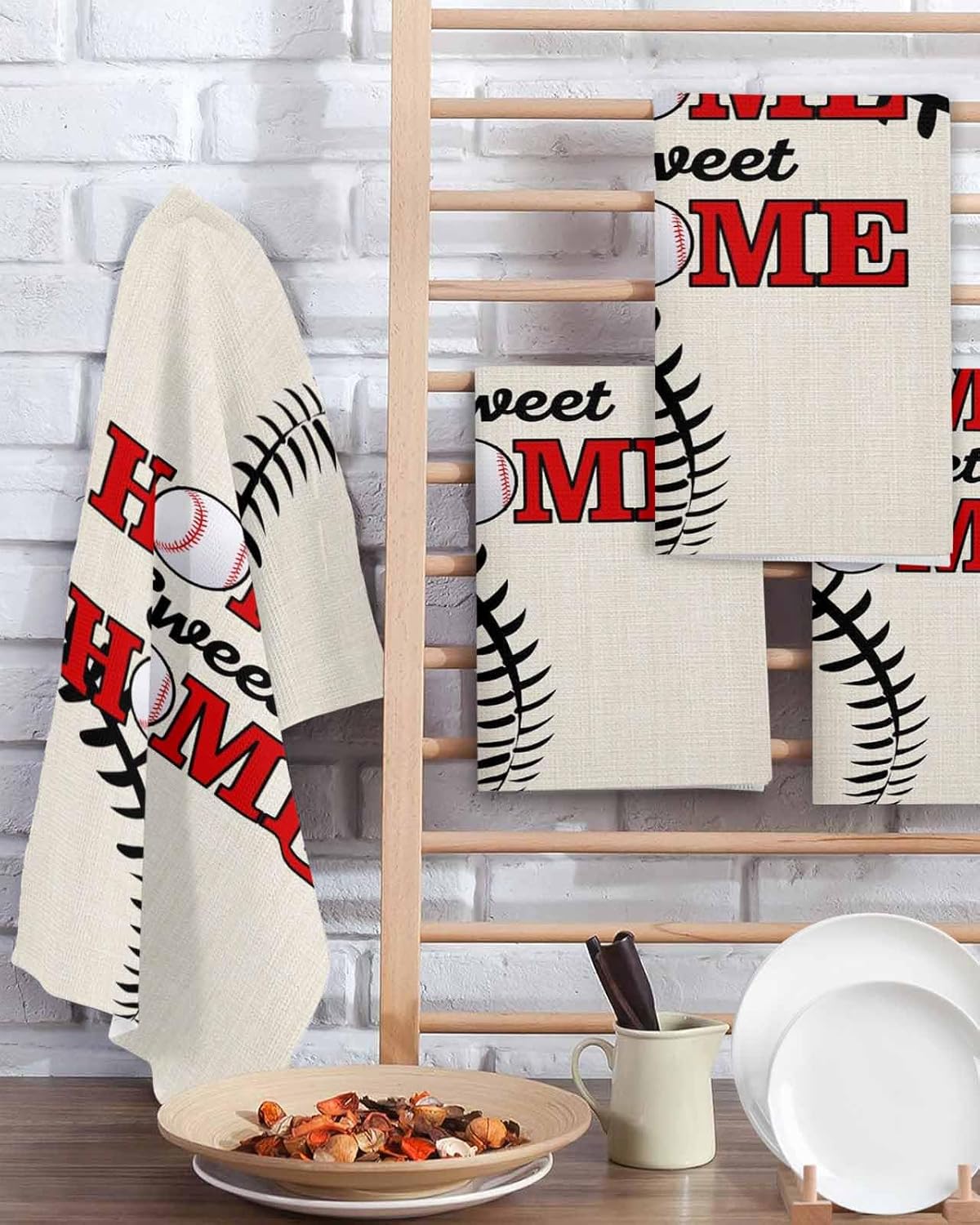 DecorLovee Baseball Sport Kitchen Towels Set of 3, Waffle Microfiber Towels Cleaning, Sweet Home Red Rustic Burlap Absorbent Dish Towels Cloths Decorative Hand Towels for Bathroom 16x24 Inch