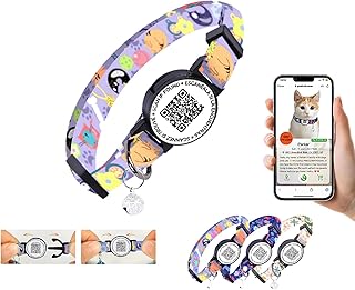 Breakaway Cat Collar QR Code with Air Tag Holder - Reusable Adjustable Pet ID Tag with Bell for Easy Tracking & Identification Hypoallergenic Nylon Safety (Lavender)